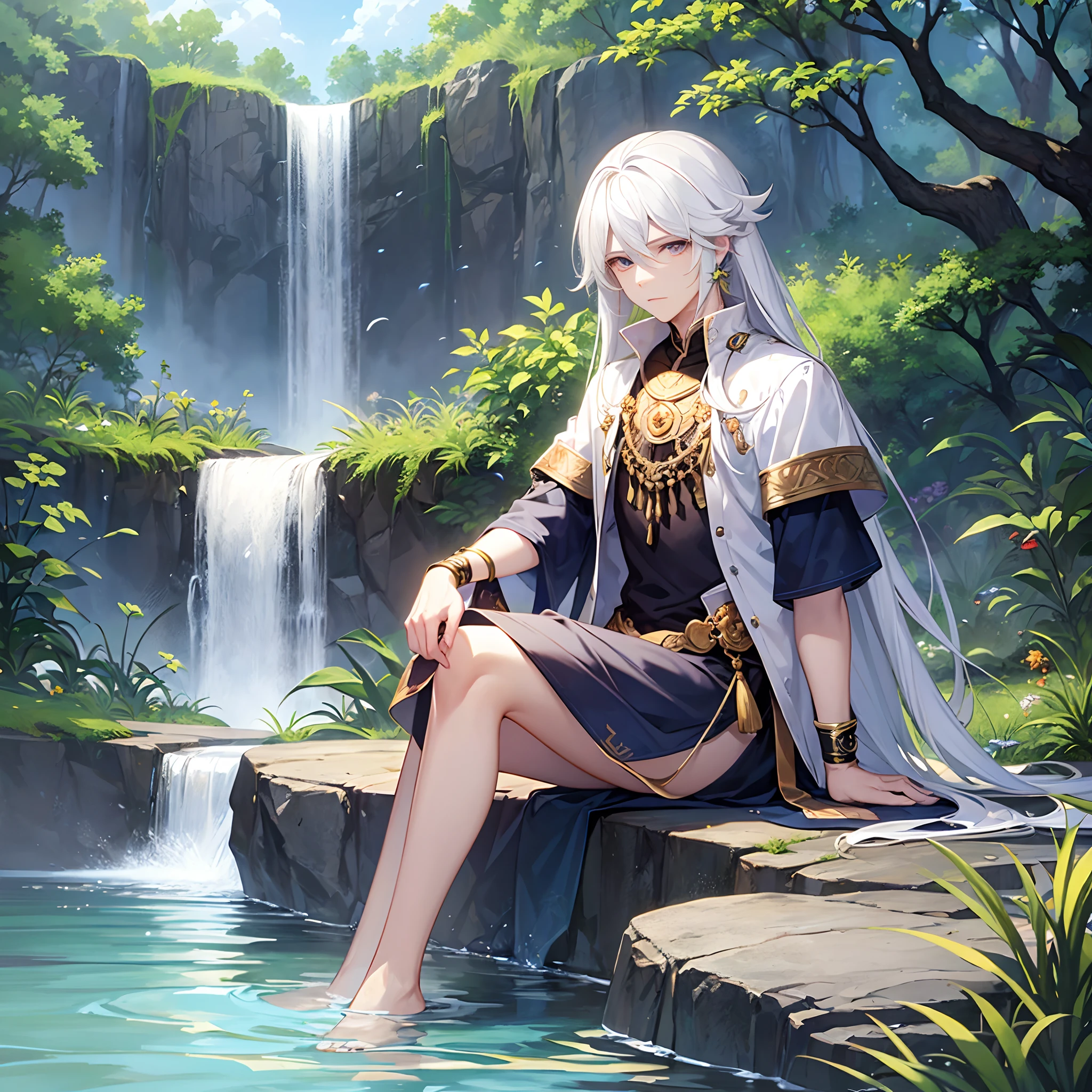 a white-haired boy,(Anime boys:1.2),(Sit on the water:1.1)A meditative,The water is calm,magnificent waterfalls,clear blue skies,Manhwa Style,HD graphics