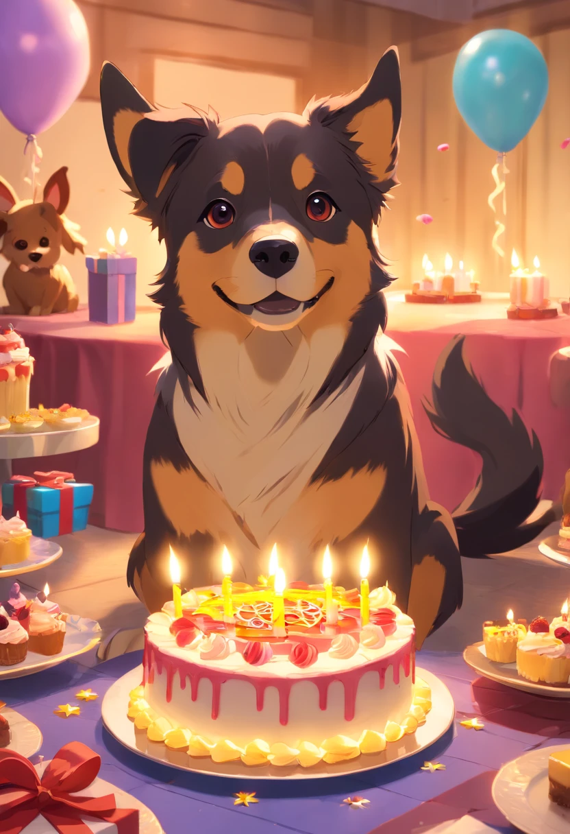 A dog birthday party, 8K super realistic dog, Super detail and vibrant colors, No residual image, No wrong images, Image without two heads, There is no double-sided image, The environmental details are super working, Cake and candles super detailed,