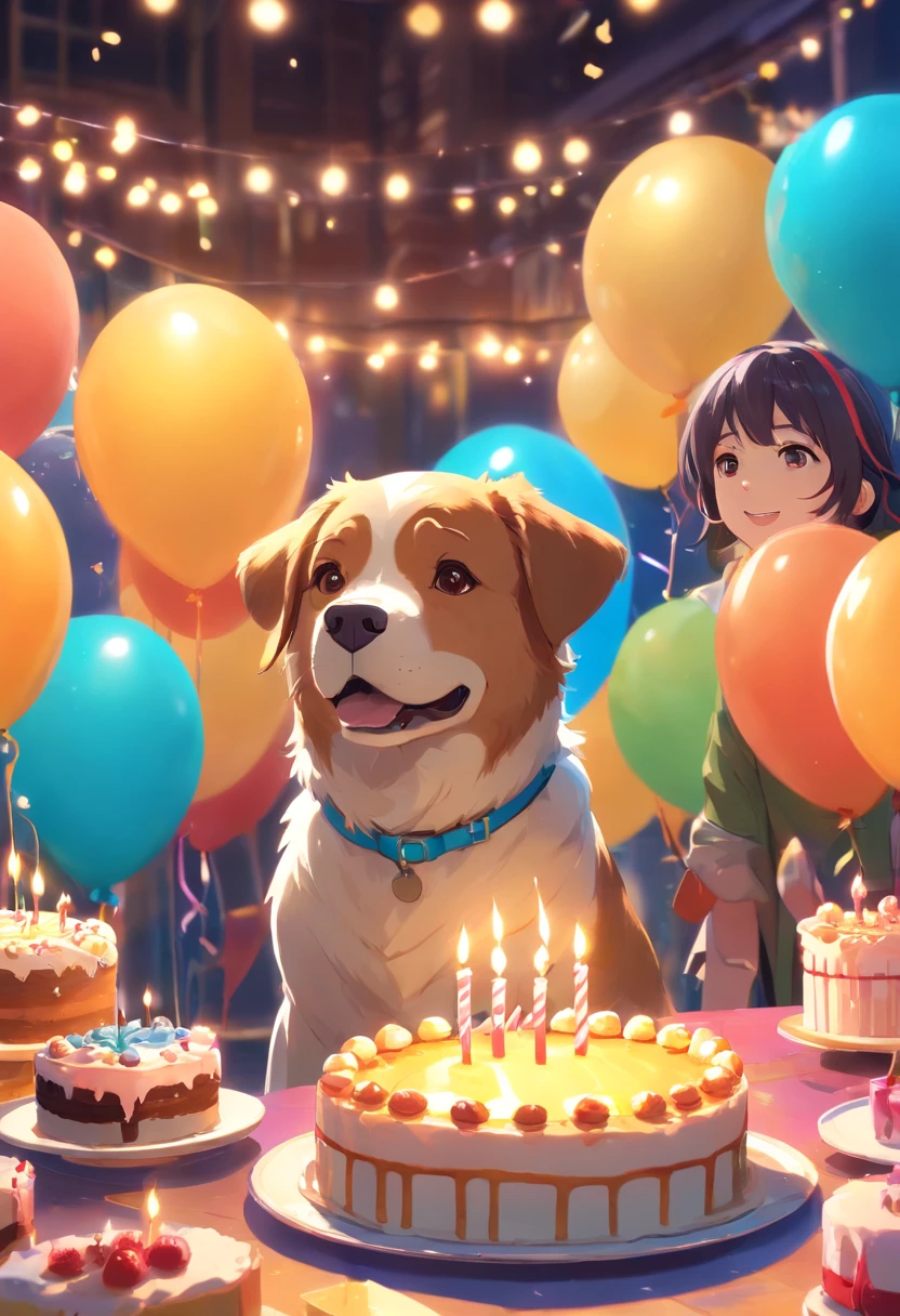 A dog birthday party, 8K super realistic dog, Super detail and vibrant colors, No residual image, No wrong images, Image without two heads, There is no double-sided image, The environmental details are super working, Cake and candles super detailed,