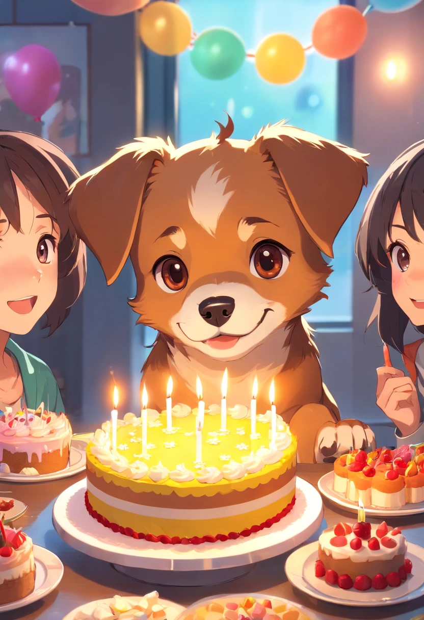 A dog birthday party, 8K super realistic dog, Super detail and vibrant colors, No residual image, No wrong images, Image without two heads, There is no double-sided image, The environmental details are super working, Cake and candles super detailed,