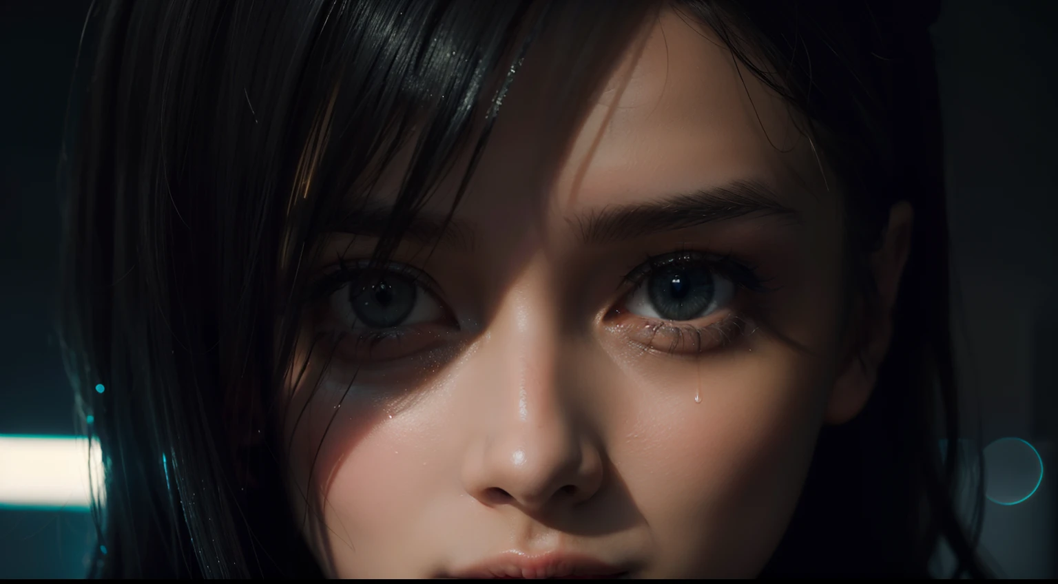 thoughhtful woman in a rainy night, teary eyes, tears in her eyes, city lights, cyberpunk vibes, close up, neon noir, ultra detailed, photorealistic, cinematic.