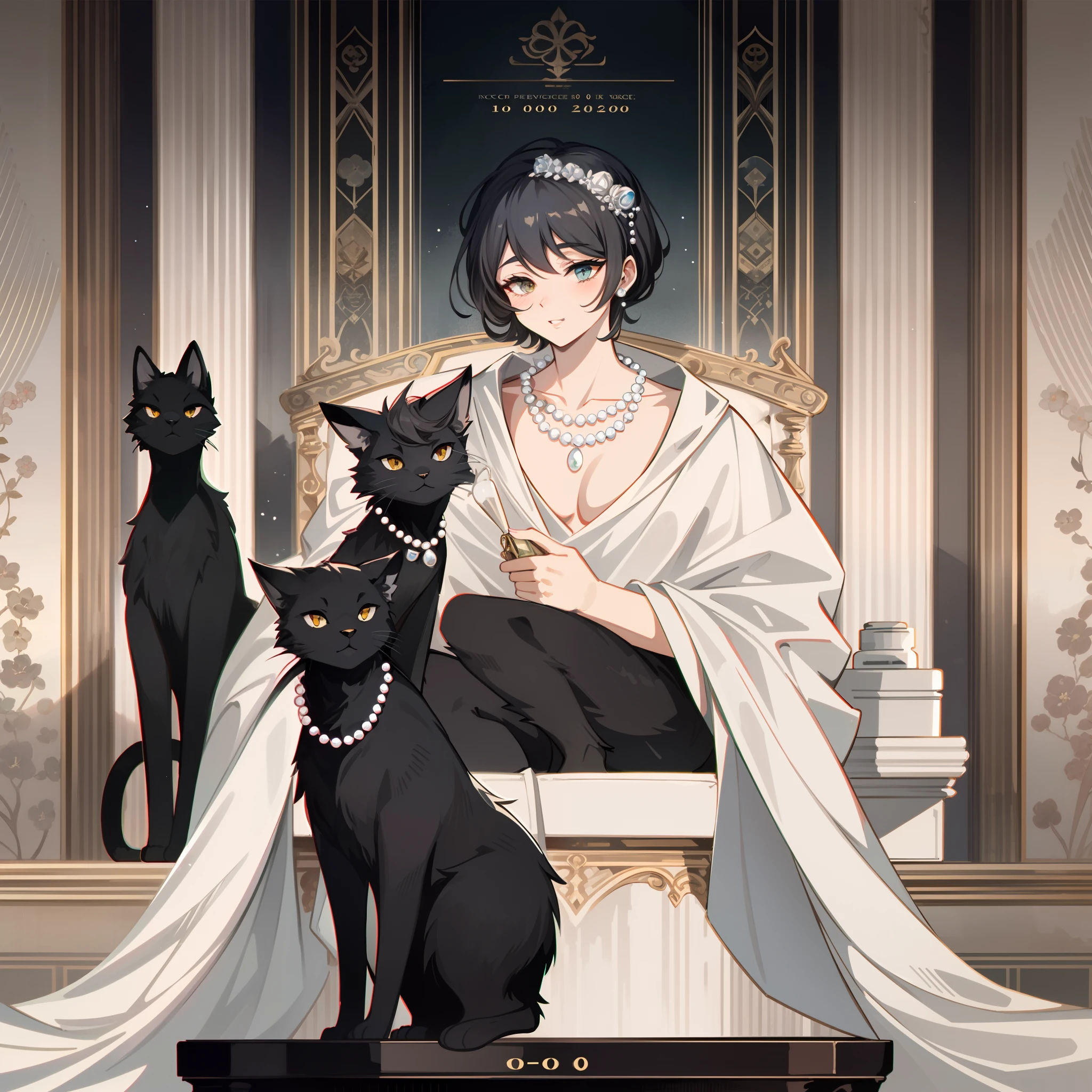 vector art, arafed black cat sitting on a pedestal with a pearl necklace, elegant cat, 1920s advert, 1960s advertisement, luxury advertisement, magazine advertisement, 1960s perfume bottle ads,