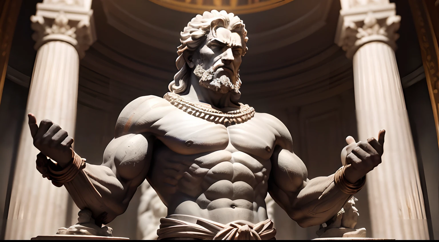 Strong Stoic statue, with an expression of anger, na noite escura, fundo grego antigo do templo, 35 mm, lateralmente, Filmado em Sony A7S III com Sony FE 35mm f/1.8, 12.1 MP, --AR 3:2 --estilo cru