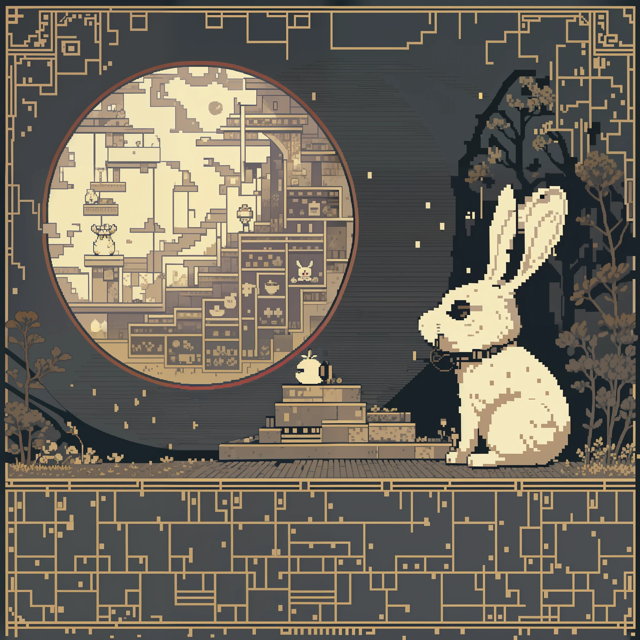 white rabbit looking up at full moon,Diagonal composition ,ascii art,