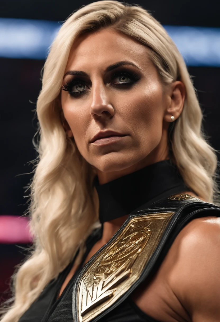 Charlotte Flair WWE champion, black short hair, sidecut, muscular, goth makeup, intense gaze, apocalypic_fashion