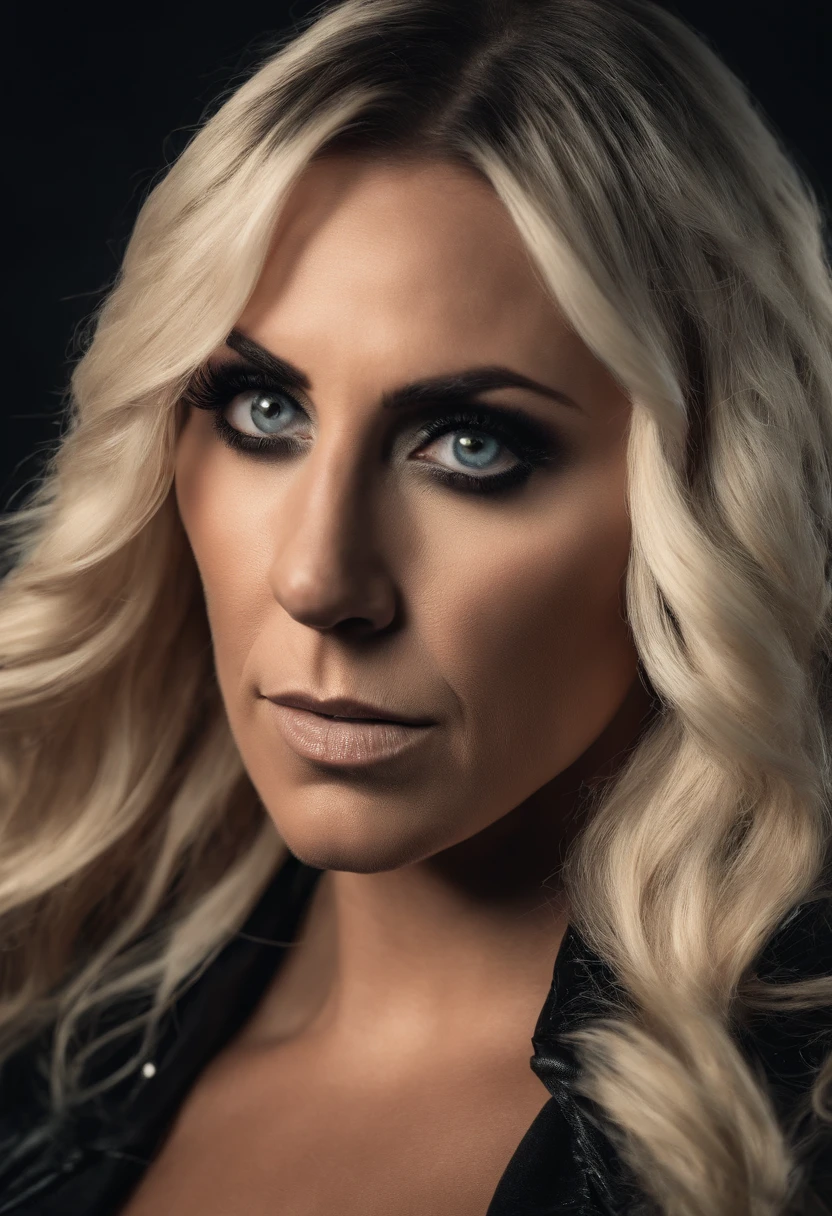 Charlotte Flair WWE champion, black short hair, sidecut, muscular, goth makeup, intense gaze, apocalypic_fashion