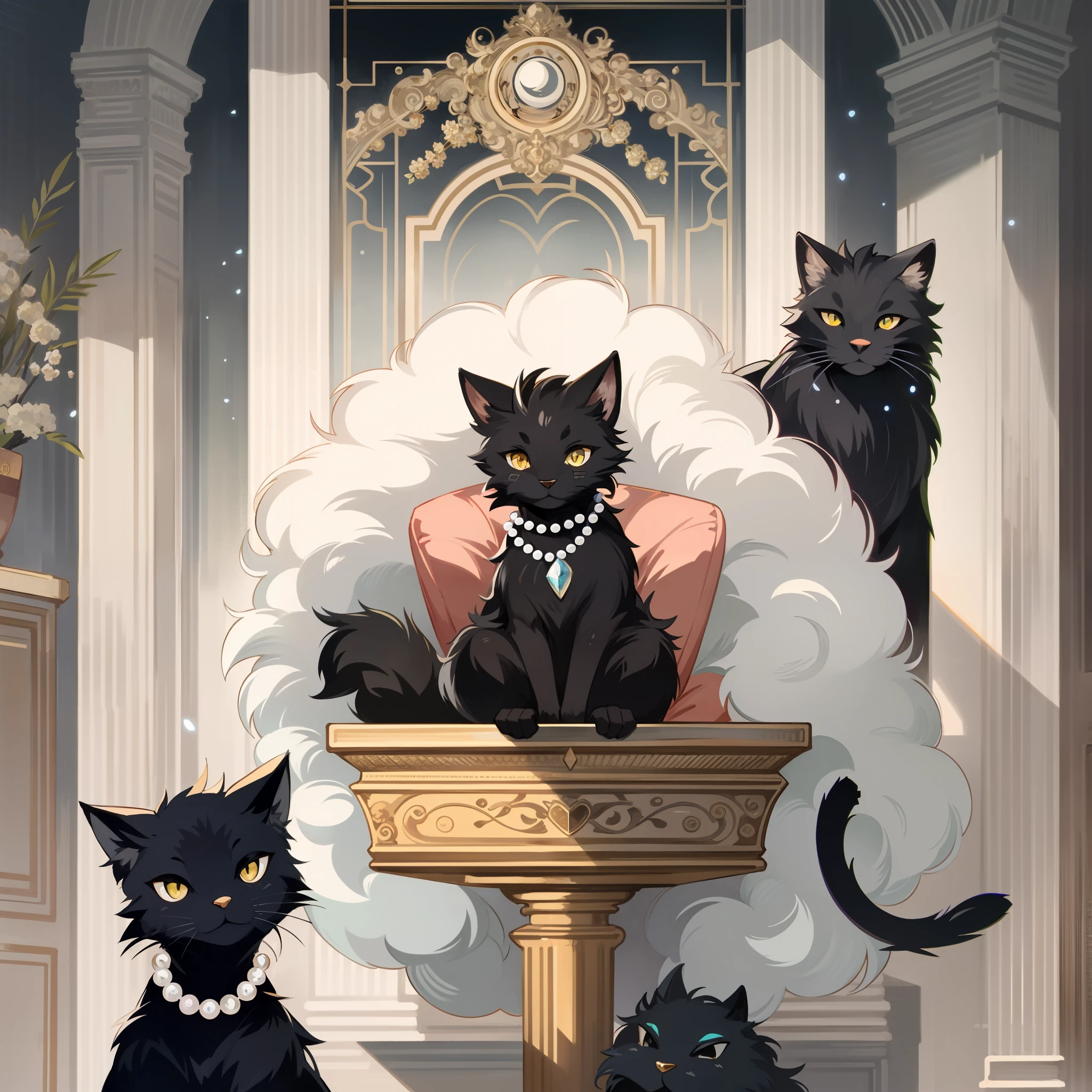 vector art, arafed black cat sitting on a pedestal with a pearl necklace, elegant cat, 1920s advert, 1960s advertisement, luxury advertisement, magazine advertisement, 1960s perfume bottle ads,