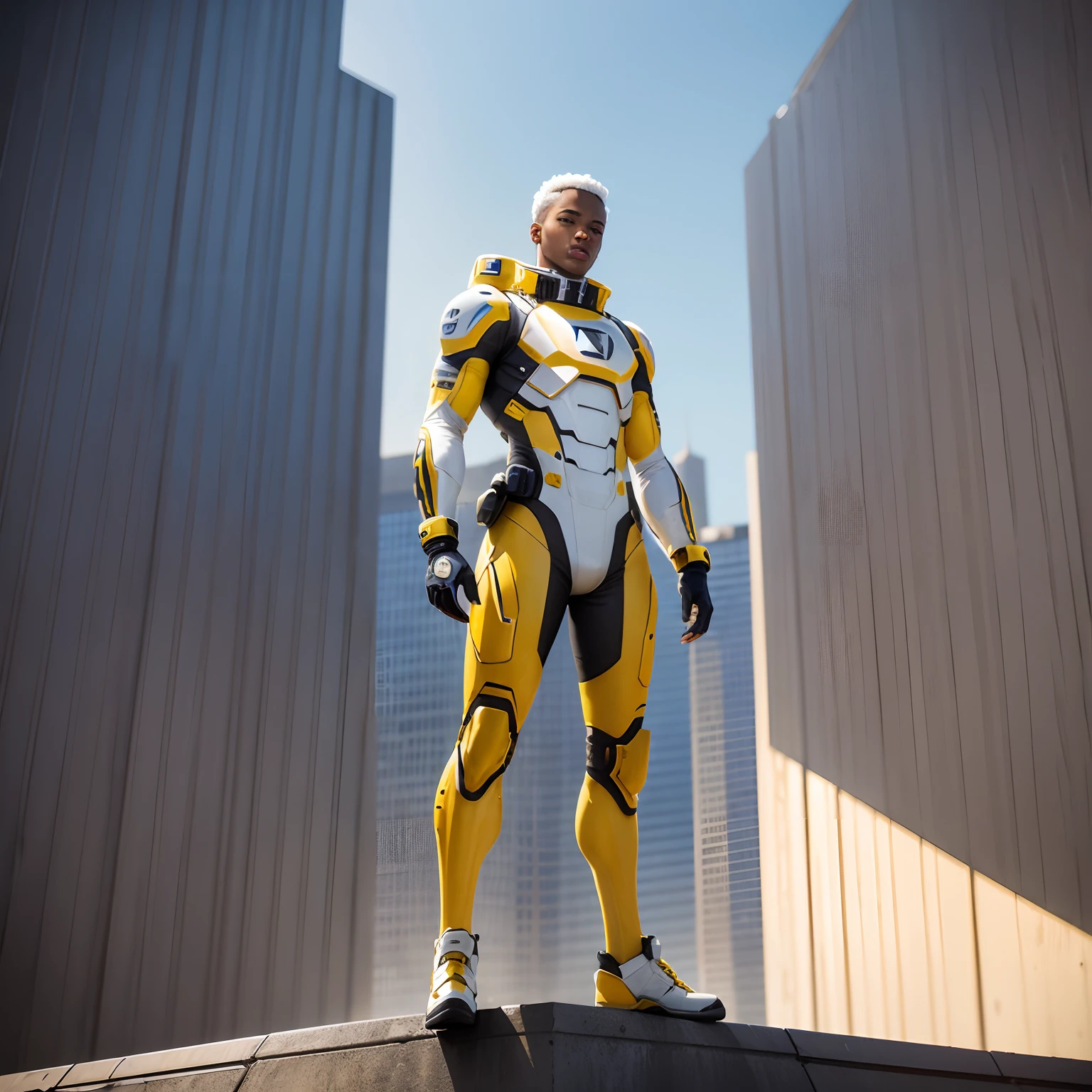 Danzol Washington 17 anos, White and yellow space cybernetic uniform, standing on top of a building.