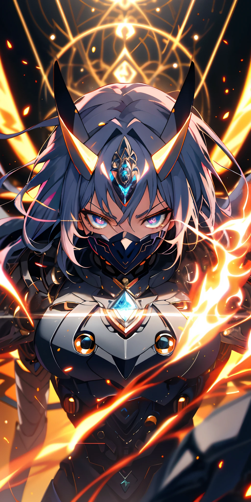 Masterpiece Anime Robot beutiful diamond skin golem cat girl magic, aesthetic_eyes, detailed eyes, demon horn, mask, wings, glowing, random fantasy hair, multicolored hair, body detailed, random very angry face, detailed face, Saenyo Ancalagon Anthropomorphic majestic Guardian | Portrait | finely detailed Obsidian and Lava armor | cinematic lighting | intricate filigree metal design | 8k | unreal engine | octane render | aesthetic_eyes, detailed eyes, body detailed, ahegao, detailed face, highly detailed, fantasy background, blush, cat_ears_earrings hair_ornament highres jewelry triple_earring, detailed all, solo, fightning stance, magic circle, electrification, lightning effect, ray tracing, detailed all, show your ability A.I, 4K Ultra HD. add face mask, add fullface mask, mouth and nose covered by mask, glowing eyes particle glowing, 4K Wallpaper, robot female,