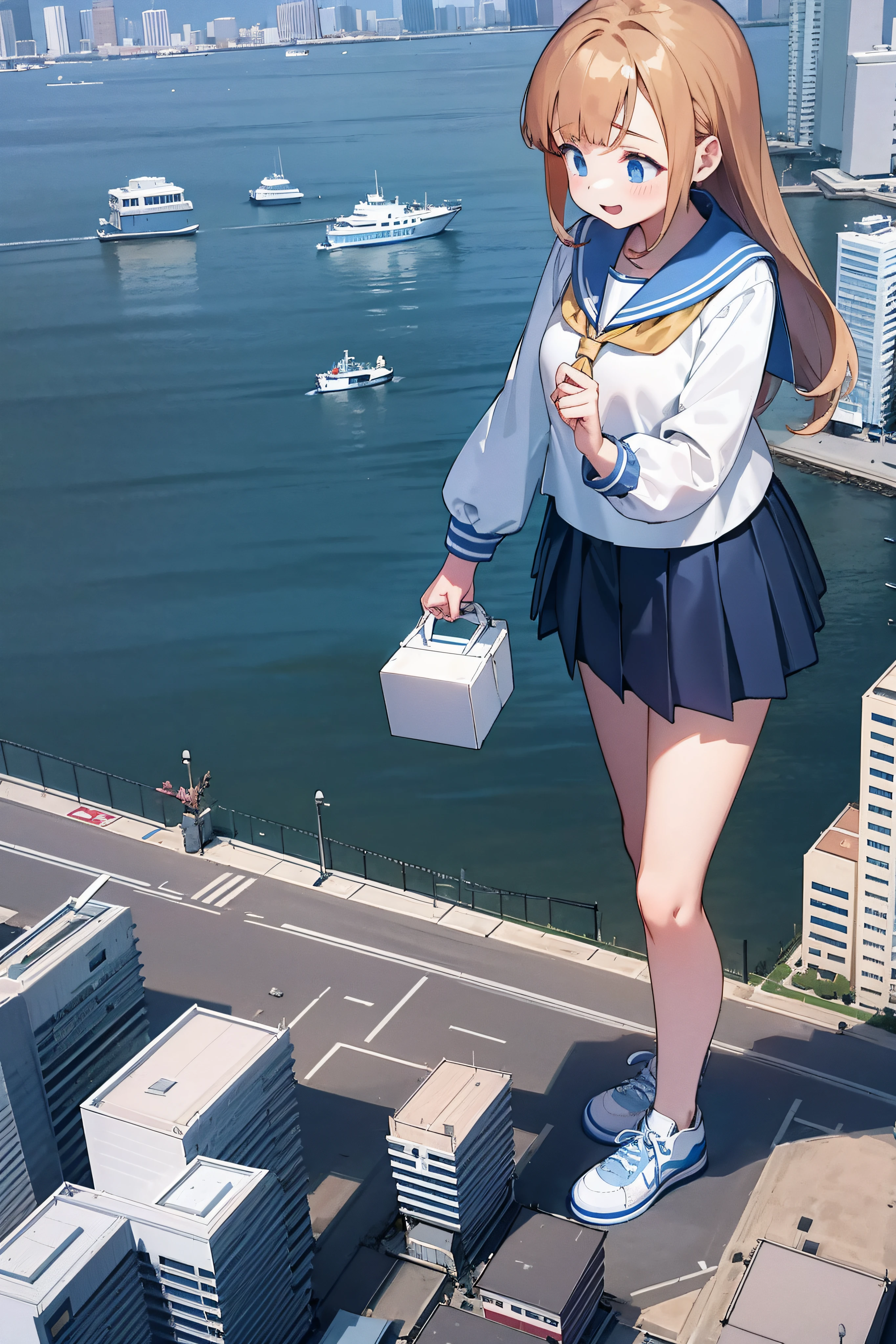 Huge maiden in sneakers，A girl taller than a building，a sailor suit，short  skirt,Crouch girl，Train miniature toy in hand