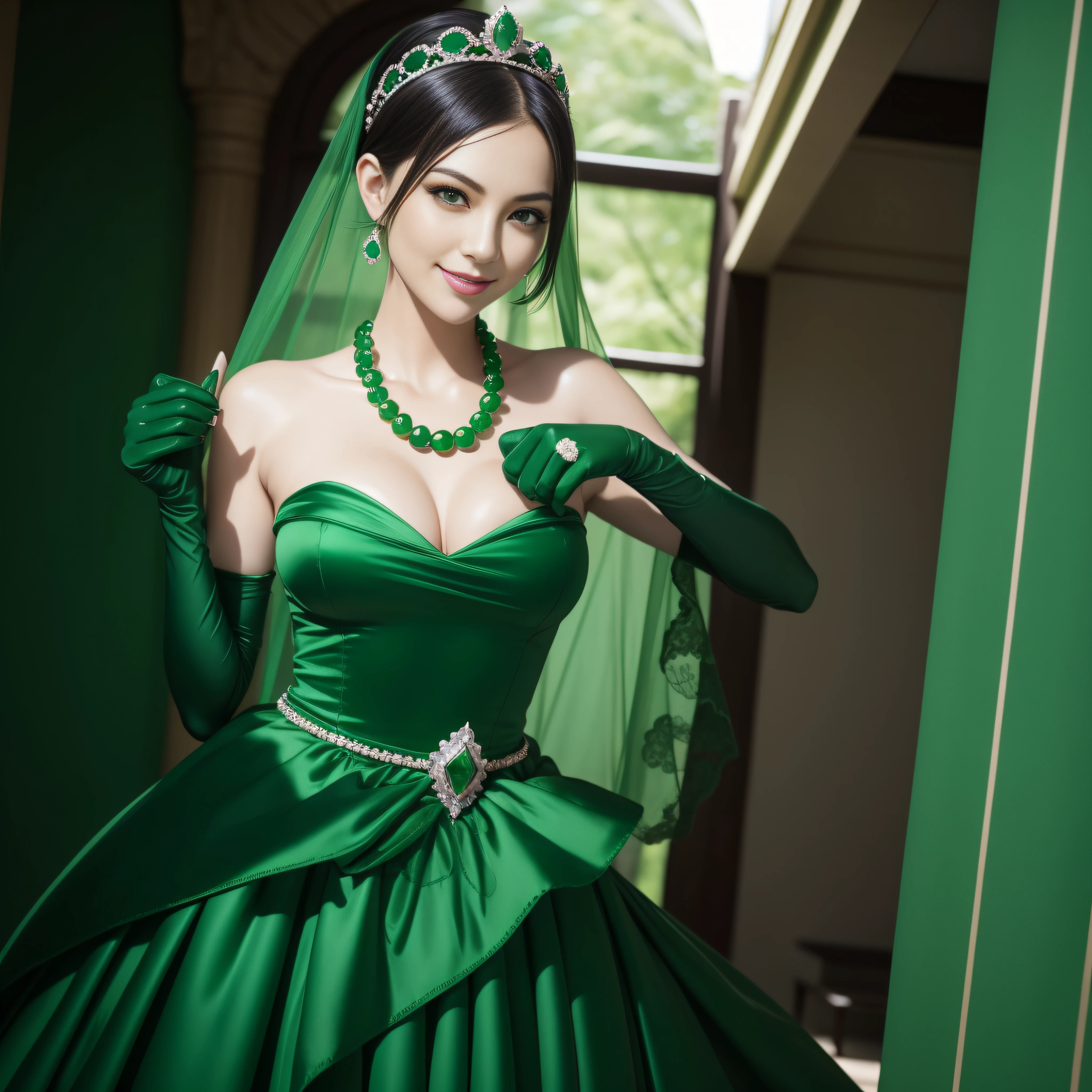 emerald tiara, Green Pearl Necklace, Boyish very short green hair, lipsticks, Japan woman smiling, very short short hair, fist, big breasts beautiful, Green eyes, Long green gloves made of satin material, Green eyes, Emerald Earrings