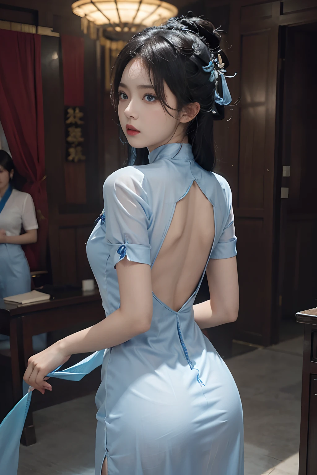 1 rapariga, blue hairs, korean people, eBlue eyes, The transparent cheongsam is flying，Sheer tight-fitting garments，Beads of sweat dripped down the buttocks，Face away from the camera，Butt visible，Visible on the back，buttocks visible，Ass pouted，wide wide shot，Cinema lenses，The skin glows，