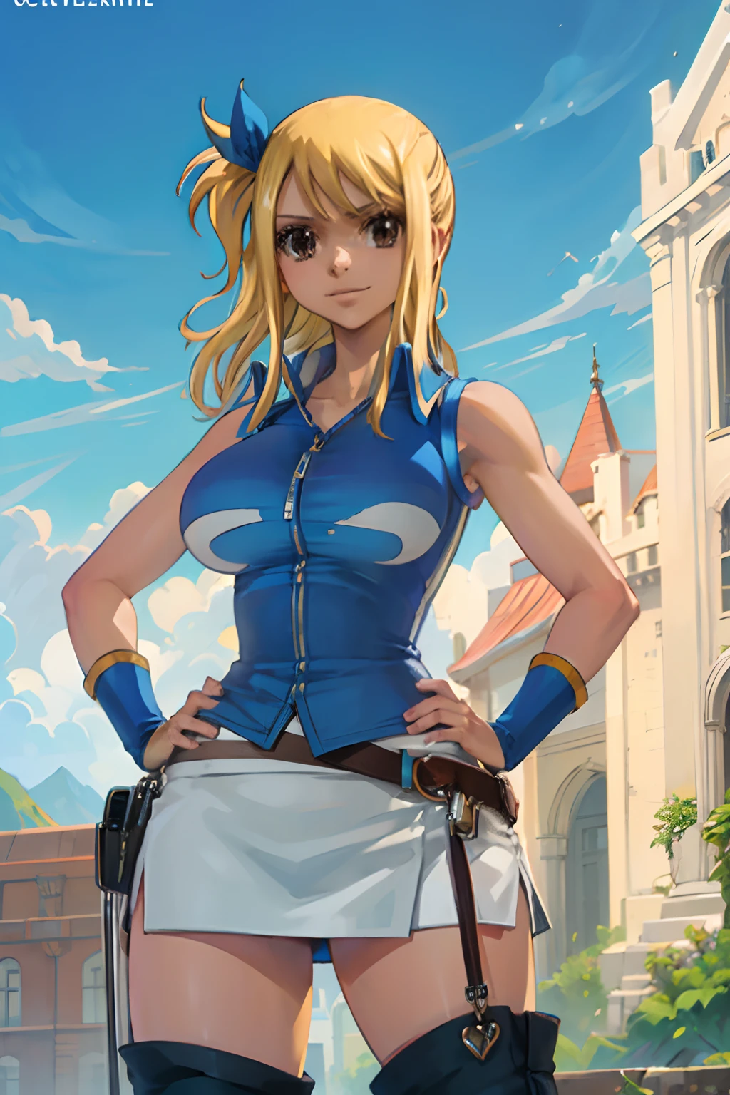 (masterpiece, best quality:1.2), solo, 1girl, lucy heartfilia, smile, looking ta viewer, hands on hips, blue sleeveless, miniskirt, thigh boots