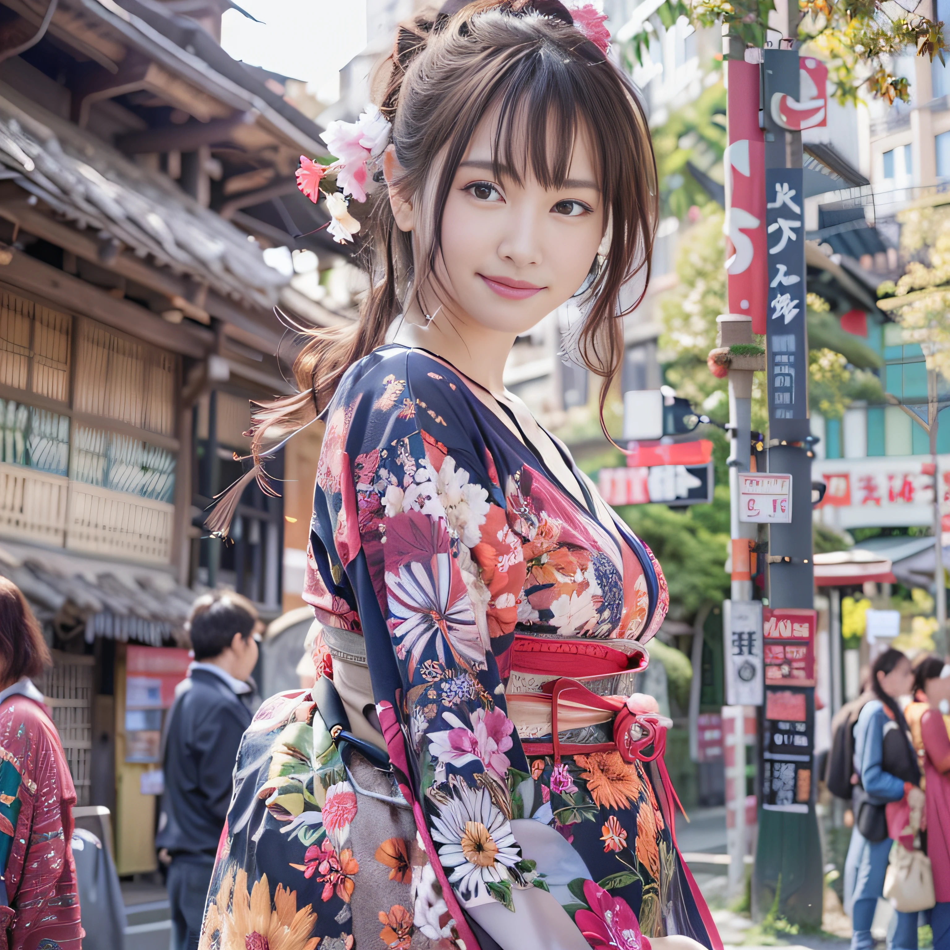 1人、on tokyo street、A city scape、The upper part of the body、wearing Japanese kimono、Piercing with kanzashi with hair up、a closeup、A smile、、(8K、Raw photography、top-quality、masterpiece:1.2)、(realisitic、photoRealstic:1.37)、Highly detailed eyelash drawing、(((Top image quality))),Colossal tits、Fine skin, (Beautiful hair), (Perfect Anatomy), (Realistic), (Dynamic Angle), Pose Seductive,Perfect,Sensual look、top-quality、hight resolution、