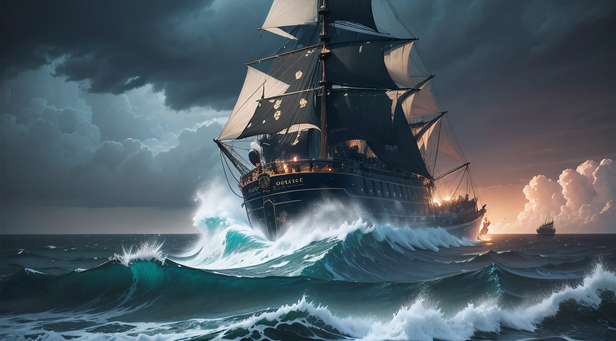 "Imagine an epic scene in high-resolution 8K, onde gigantescos navios se encontram no meio de uma tempestade feroz em alto mar. as ondas, With incredible detail, atingem alturas assustadoras, while the dark and stormy sky creates an environment of tension. Os navios, com seus cascos majestosos, are being devastated by the forces of nature, and you can see every detail of the masts, of the torn candles and the tumultuous water that surrounds them. The image is so vivid that you can almost feel the wind and spray of the ocean as you witness the dramatic shipwreck. This is an 8K visual experience that will take your immersion to a whole new level."