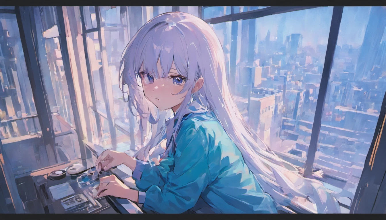girl,Blue glasses,Long white hair,natta,Sit in front of the window and look out the window,Hands dragging your face,sad