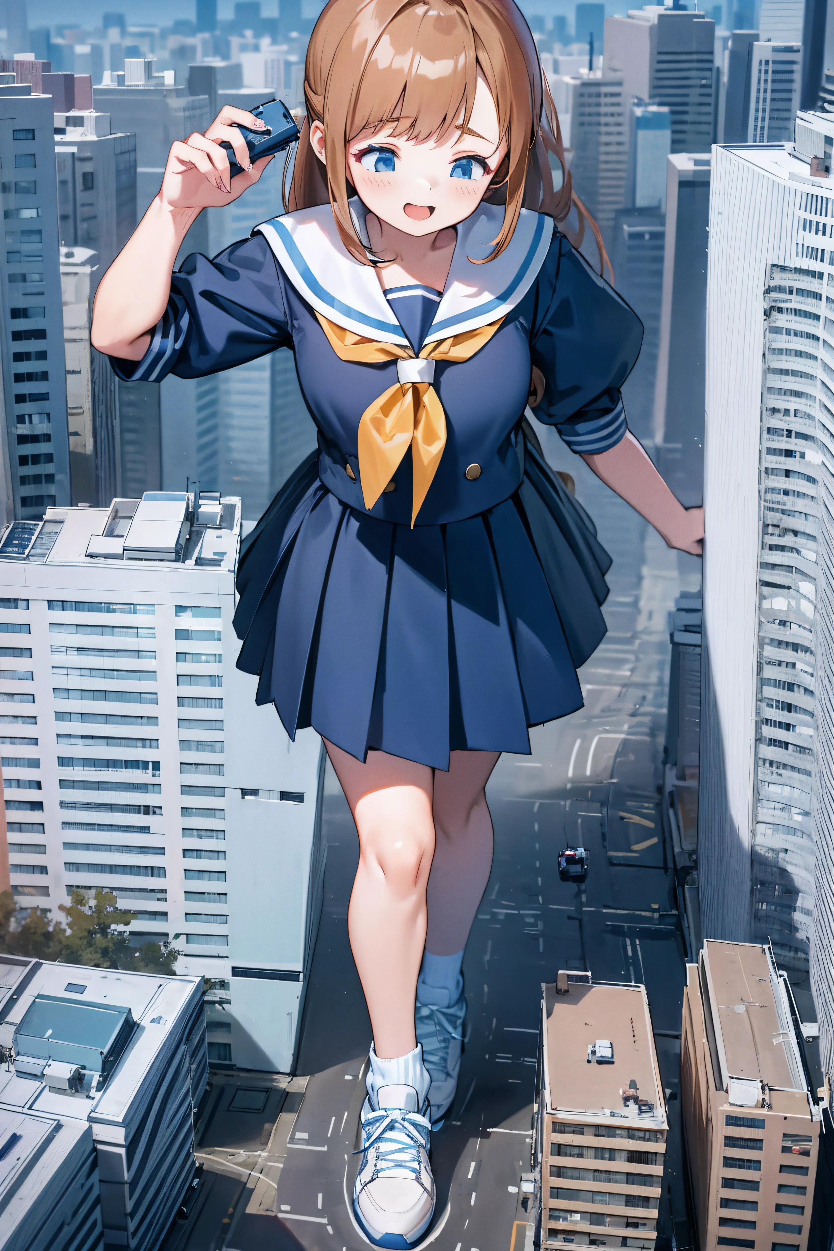 Huge maiden in sneakers，A girl taller than a building，a sailor suit，short  skirt,Crouch girl，Train miniature toy in hand