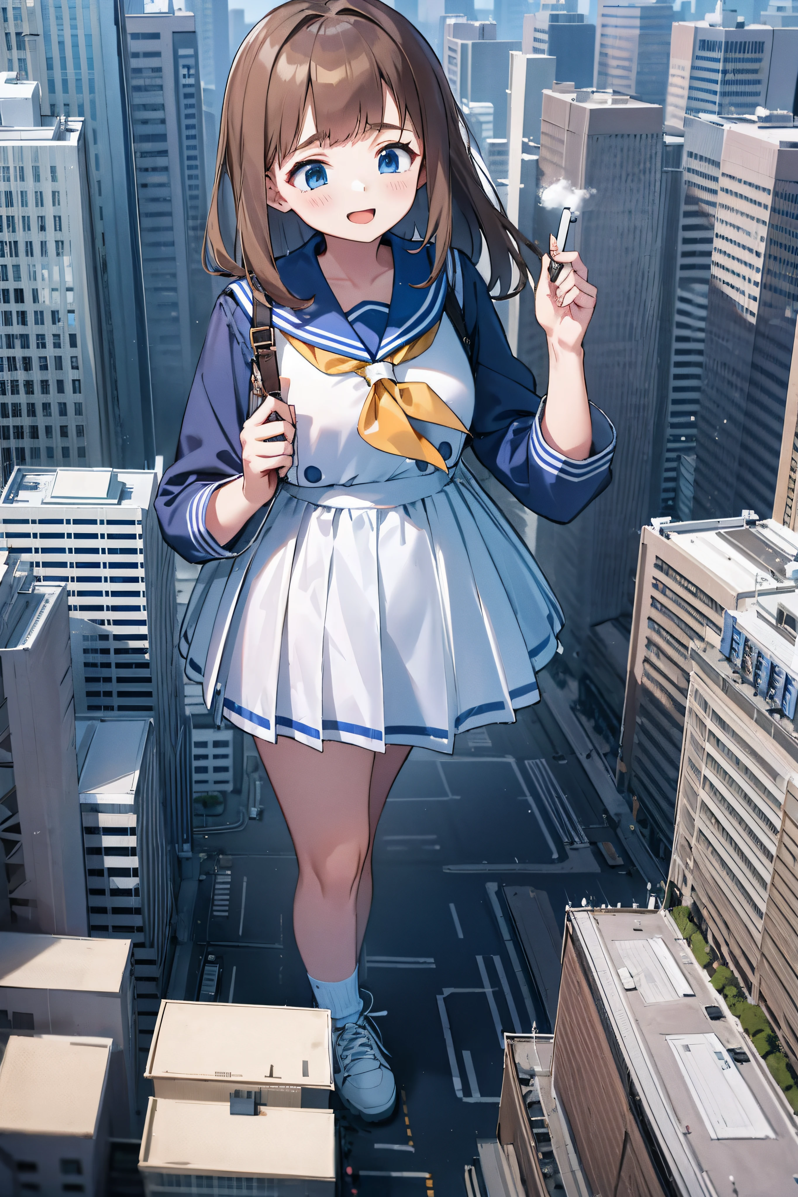 Huge maiden in sneakers，A girl taller than a building，a sailor suit，short  skirt,Crouch girl，Train miniature toy in hand