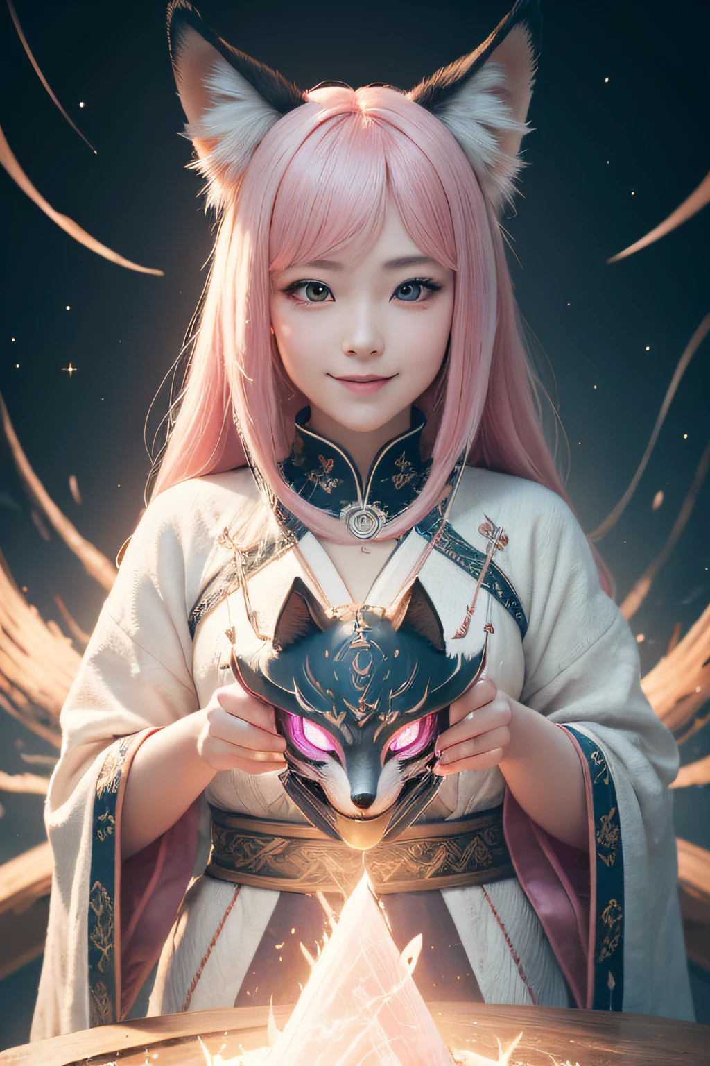 1girl,Solo, Happy smiling official art, Unity 8k wallpaper, Ultra detailed, Beautiful and aesthetic, Beautiful, Masterpiece, Best quality, Kitsune witch, kitsune mask, Pink and white haori jacket, Foxfire spell, The fox is familiar, Transformation,Depth of field,
