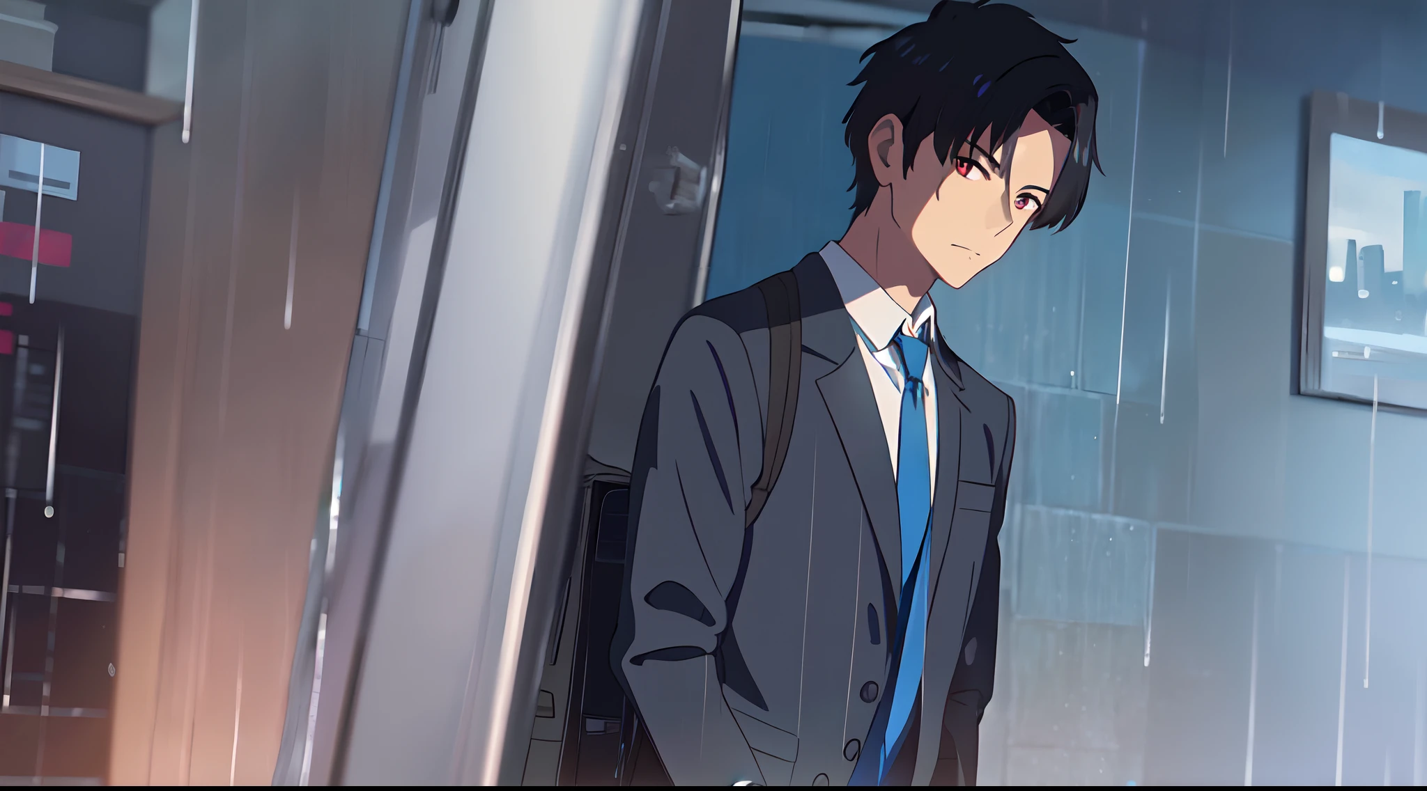 masterpiece, best quality, 1Boy, solo, short black hair swept to the right, forehead, red eyes, silent, sky, rain, transparent white shirt, blue necktie, sacks on chest, wet, close up, look at viewer, city