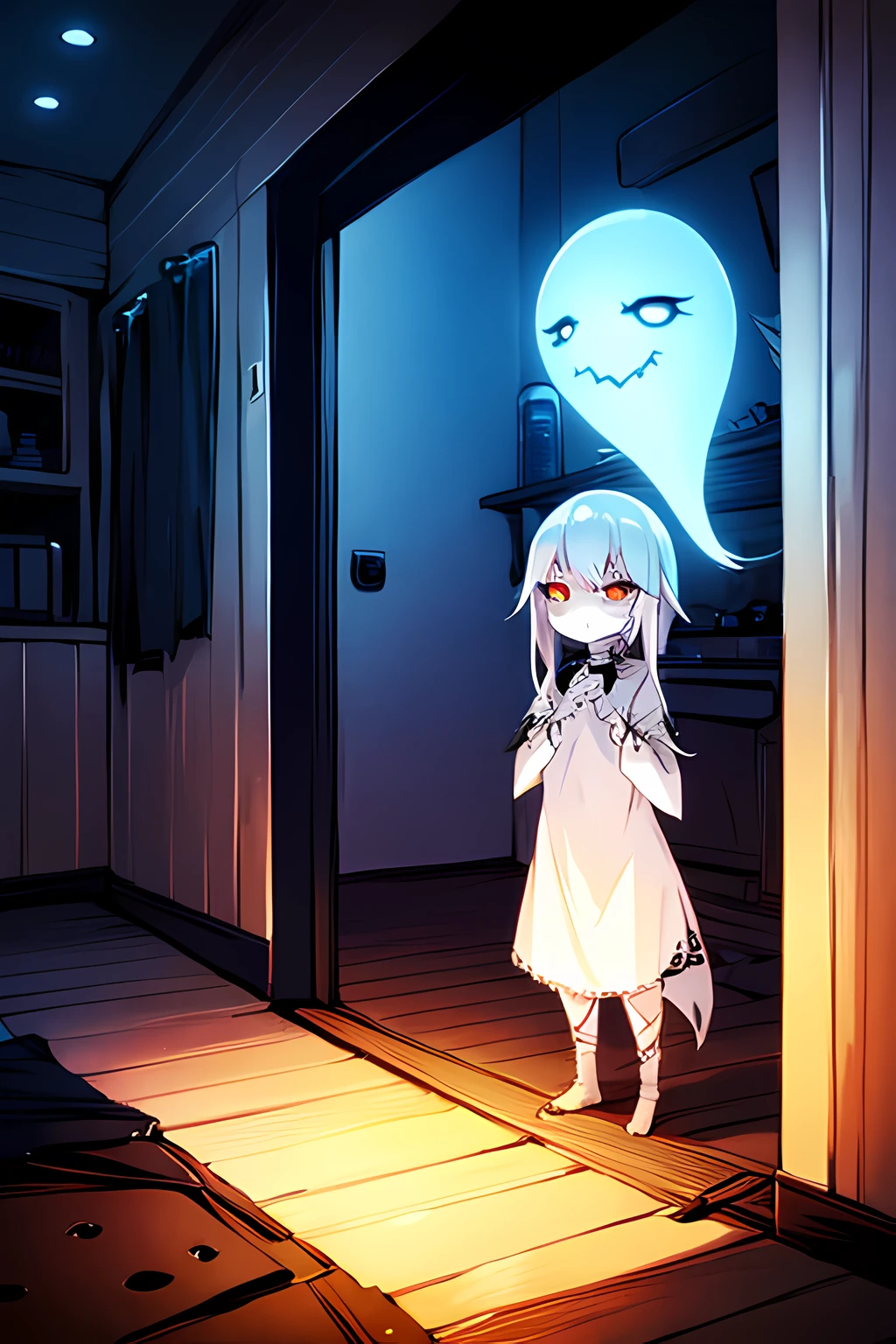1ghost girl, white hair, glowing gold eyes, ripped clothes, abandoned house, smug, cute, stitches, tired, pure white skin, nighttime