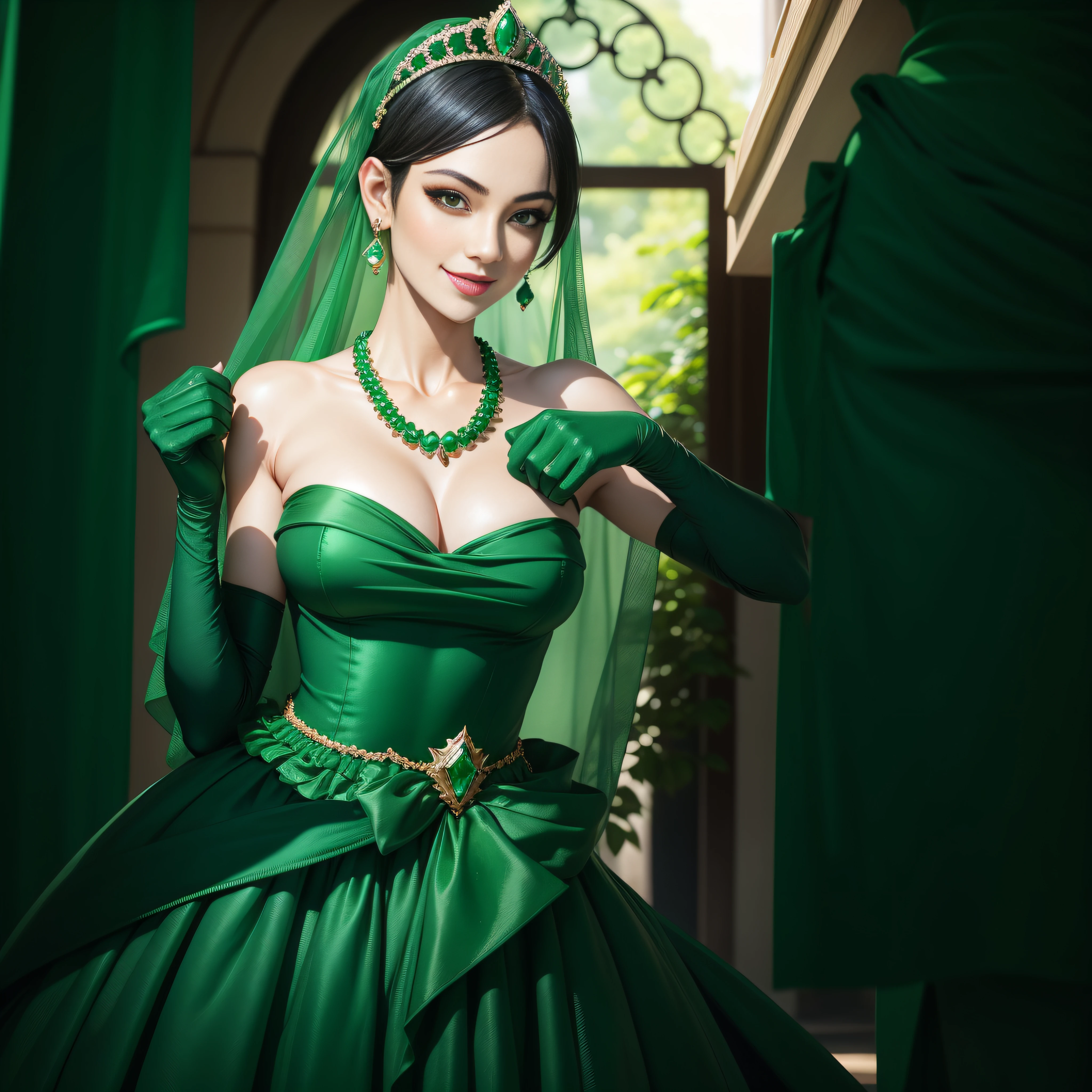 emerald tiara, Green Pearl Necklace, Boyish very short black hair, lipsticks, Japan woman smiling, very short short hair, big breasts beautiful, Green eyes, Long green gloves made of satin material, Green eyes, Emerald Earrings, Green dress