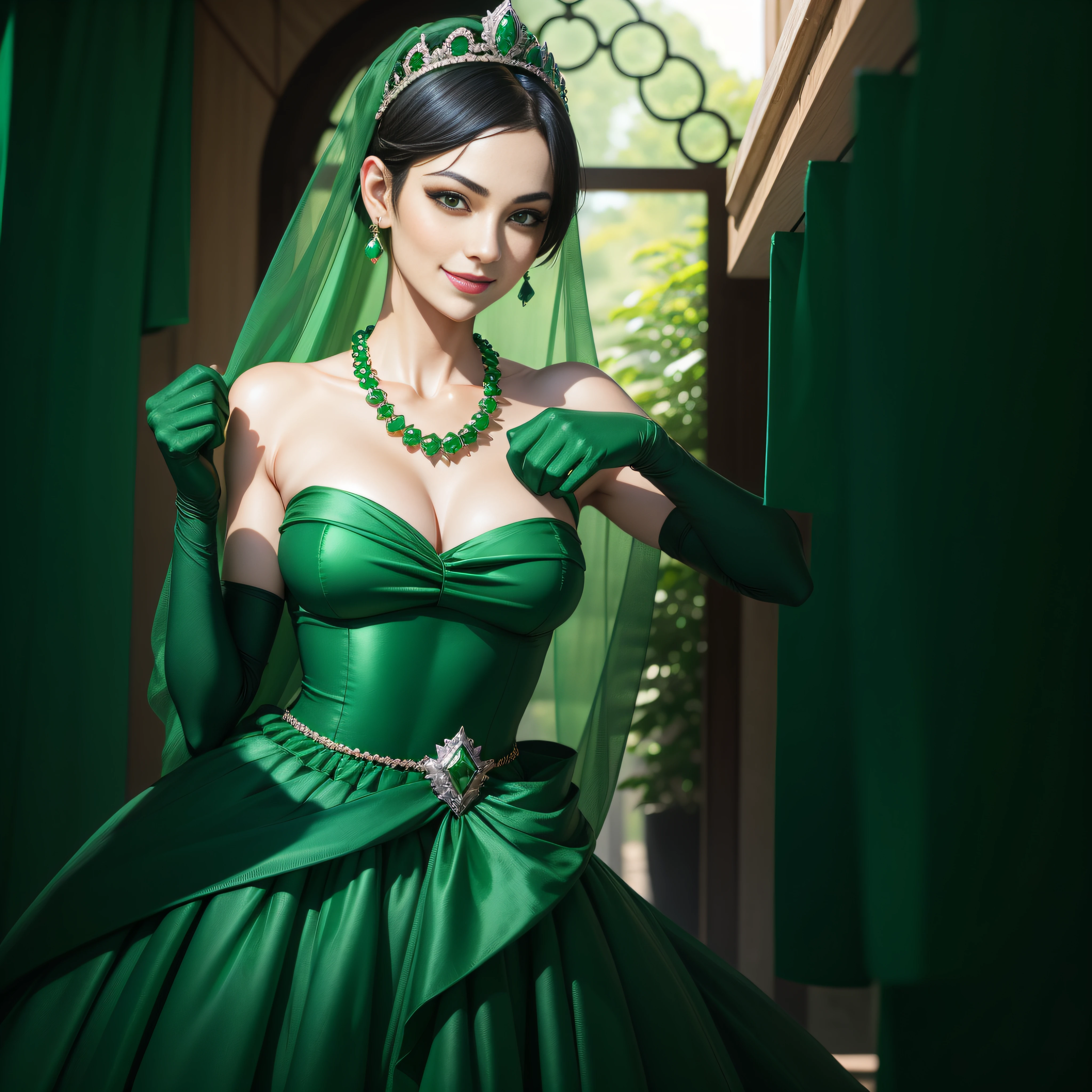 emerald tiara, Green Pearl Necklace, Boyish very short black hair, lipsticks, Japan woman smiling, very short short hair, big breasts beautiful, Green eyes, Long green gloves made of satin material, Green eyes, Emerald Earrings, Green dress