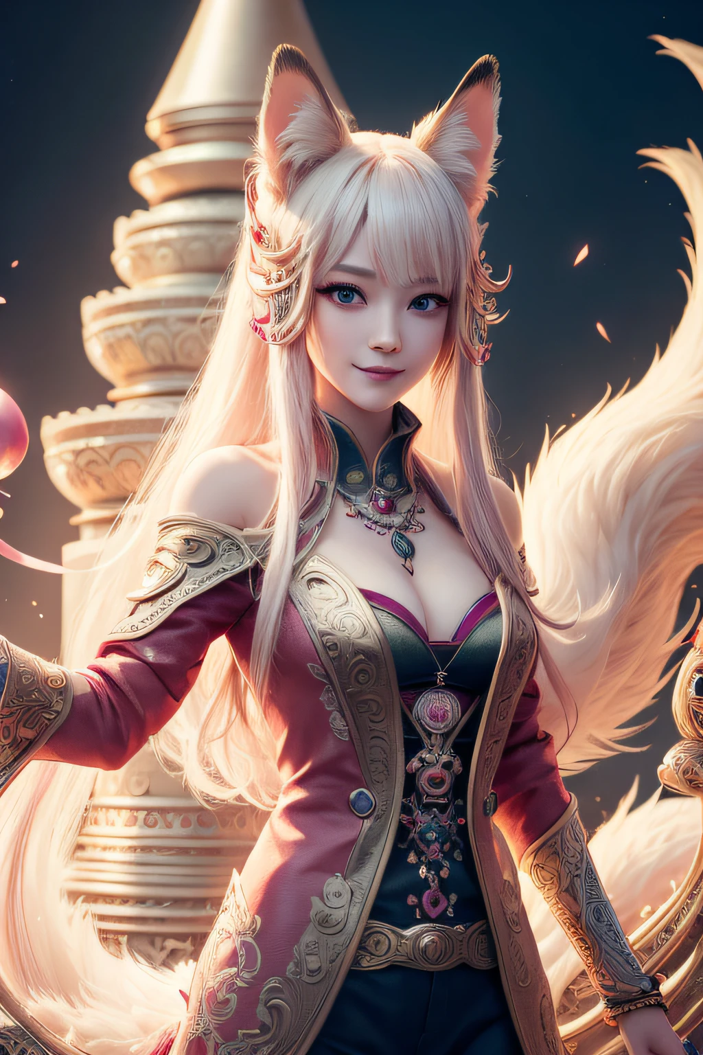 1girl,Solo, Happy smiling official art, Unity 8k wallpaper, Ultra detailed, Beautiful and aesthetic, Beautiful, Masterpiece, Best quality, Kitsune witch, kitsune mask, Pink and white haori jacket, Foxfire spell, The fox is familiar, Transformation,Depth of field,