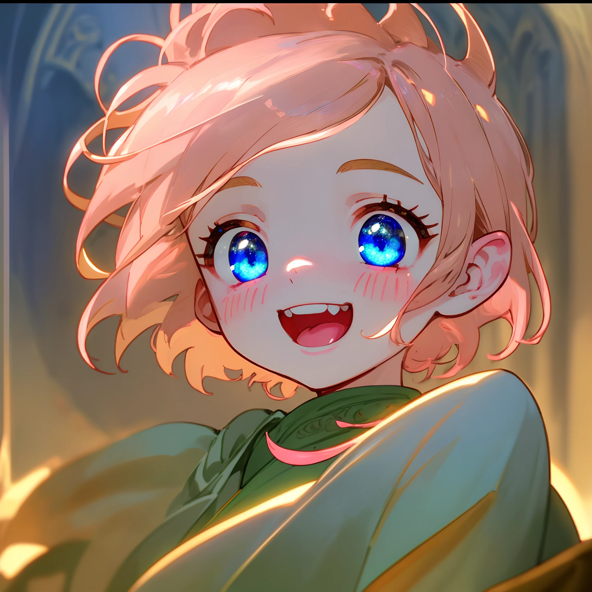 elvish、1 person、(highly detailed back ground:1.0)、(highly detailed back ground:1.0)、masterpiece、top-quality、超A high resolution、8K、From shoulder up、short-hair、frombelow、looking in camera、(1/2 and 1 pale pink/2 golden hair)、BREAK、Detailed skin、glowy skin、(Detailed eyes、Blue eyes)、Burning cheeks、(Laughing:1.1)、daytime、(daisy:0.8)