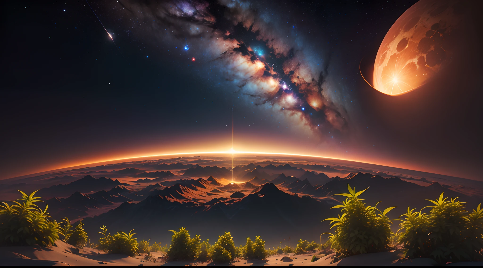 A cosmic exploration of the universe, with a cannabis plants everywhere, view of planets, nebula, moons, and cosmic phenomena, rendered in 8K resolution, v ray --auto