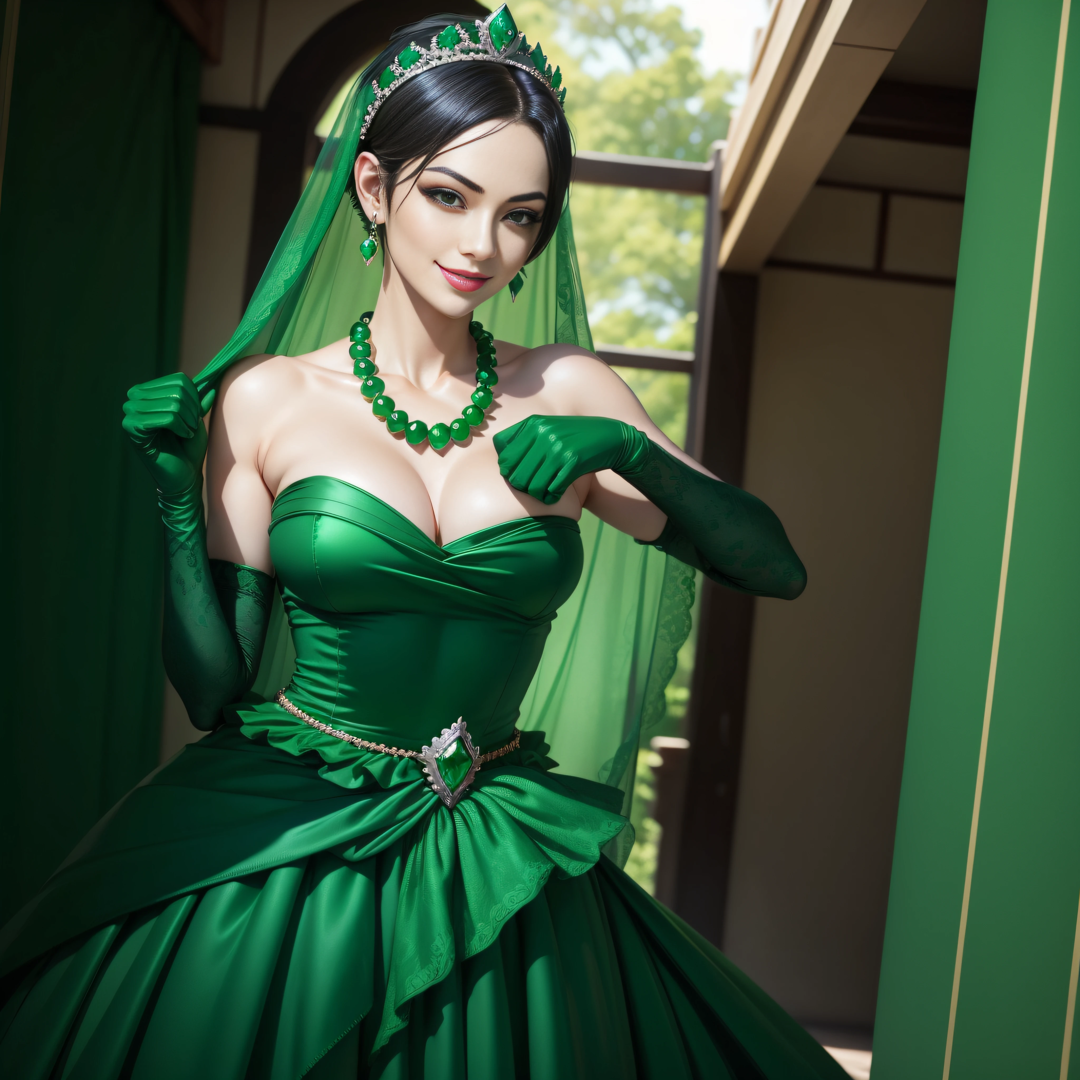 emerald tiara, Green Pearl Necklace, Boyish very short green hair, lipsticks, Japan woman smiling, very short short hair, fist, big breasts beautiful, Green eyes, Long green gloves made of satin material, Green eyes, Emerald Earrings