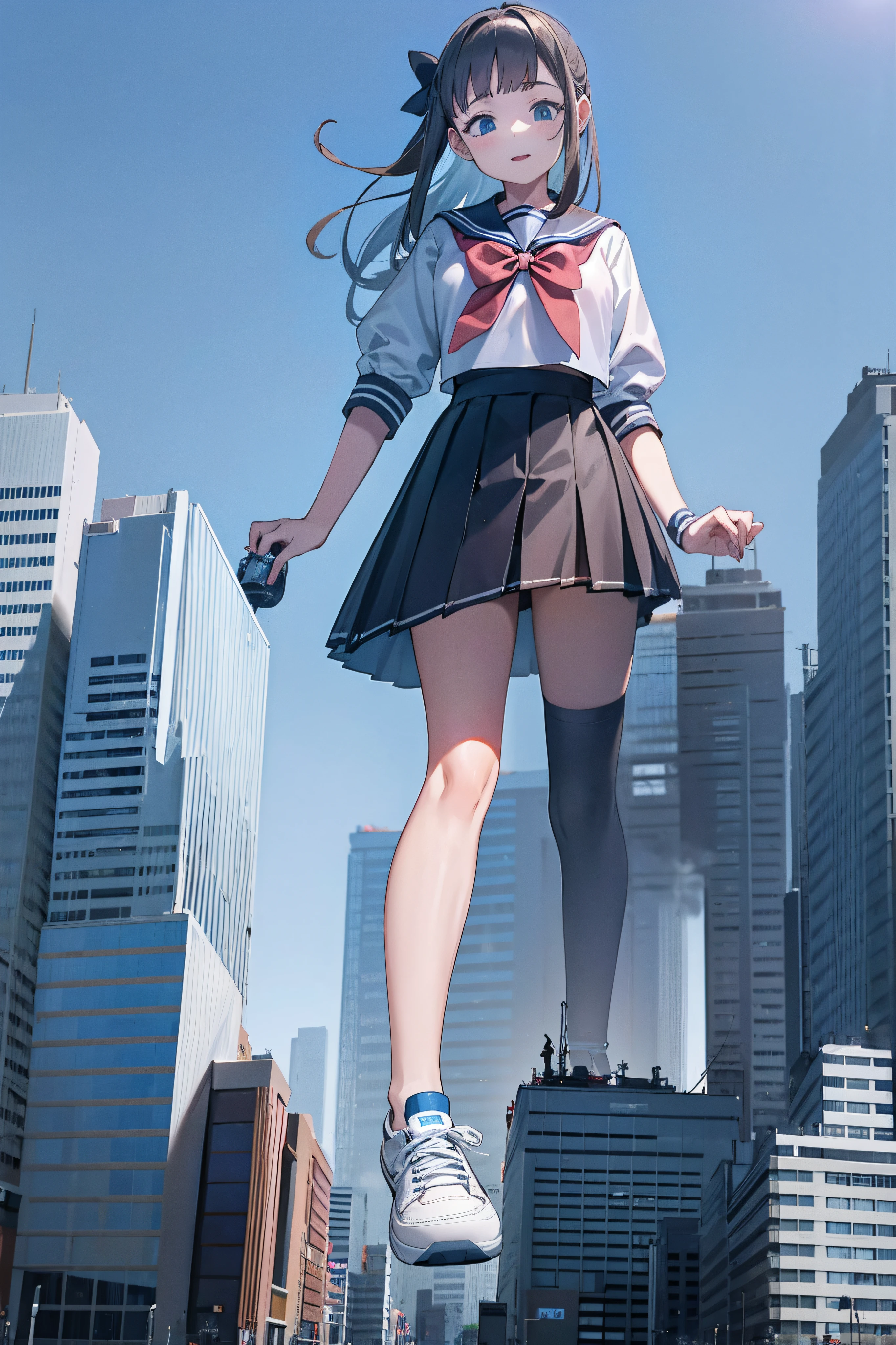 Huge maiden in sneakers，A girl taller than a building，a sailor suit，short  skirt,Crouch girl，Train miniature toy in hand