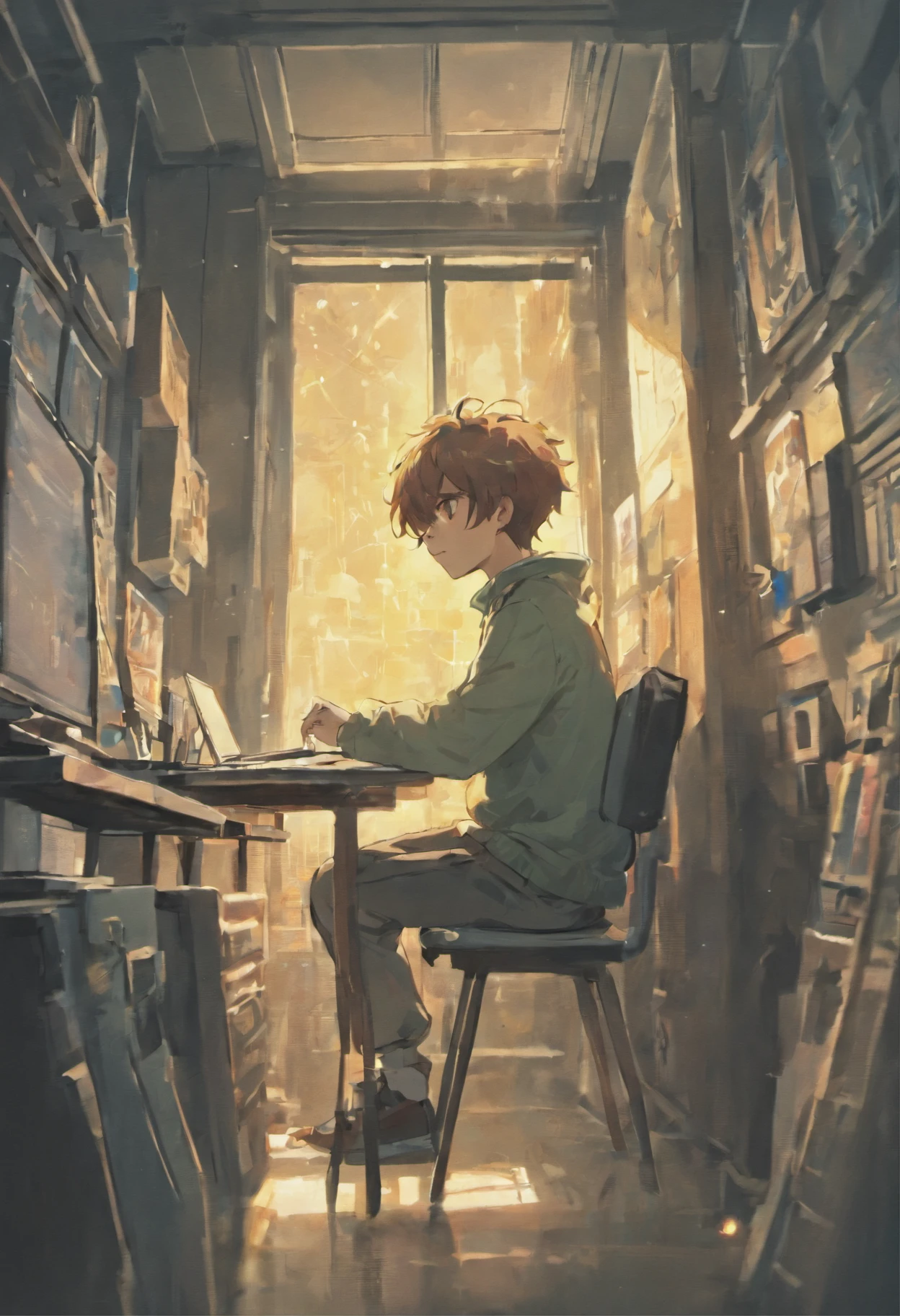 boy sitting on a chair doing somthing on computer and there is a window form which a sunlight is comming