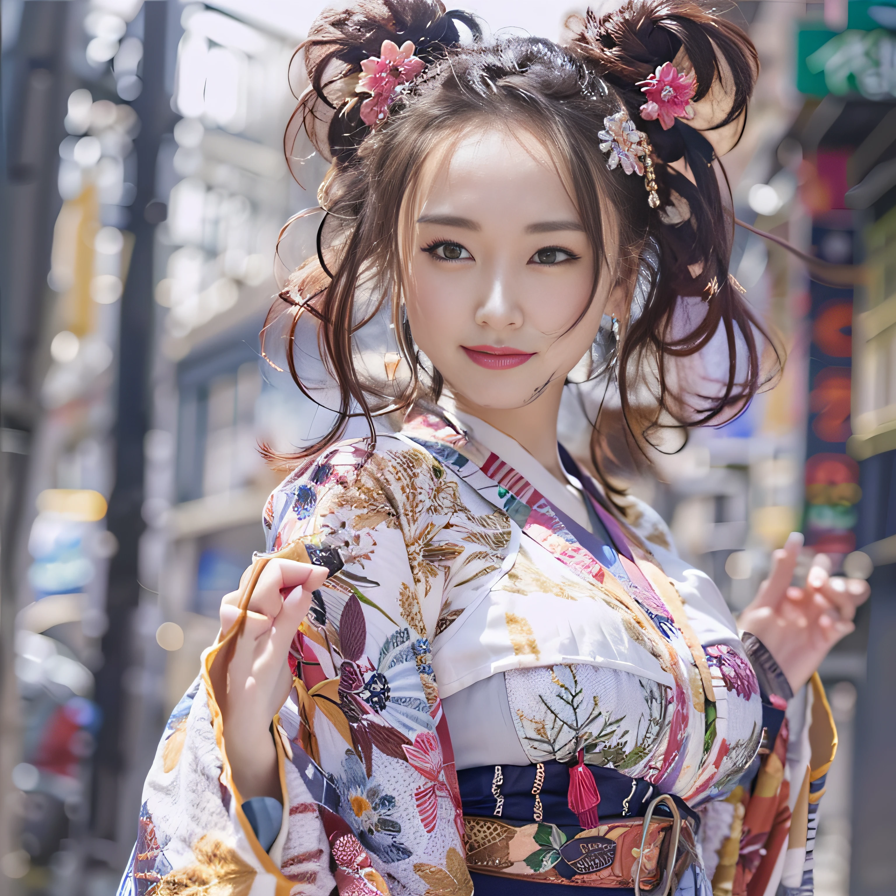 1人、on tokyo street、A city scape、The upper part of the body、wearing Japanese kimono、Piercing with kanzashi with hair up、a closeup、A smile、、(8K、Raw photography、top-quality、​masterpiece:1.2)、(realisitic、photoRealstic:1.37)、Highly detailed eyelash drawing、(((Top image quality))),Colossal tits、Fine skin, (Beautiful hair), (Perfect Anatomy), (Realistic), (Dynamic Angle), Pose Seductive,Perfect,Sensual look、top-quality、hight resolution、
