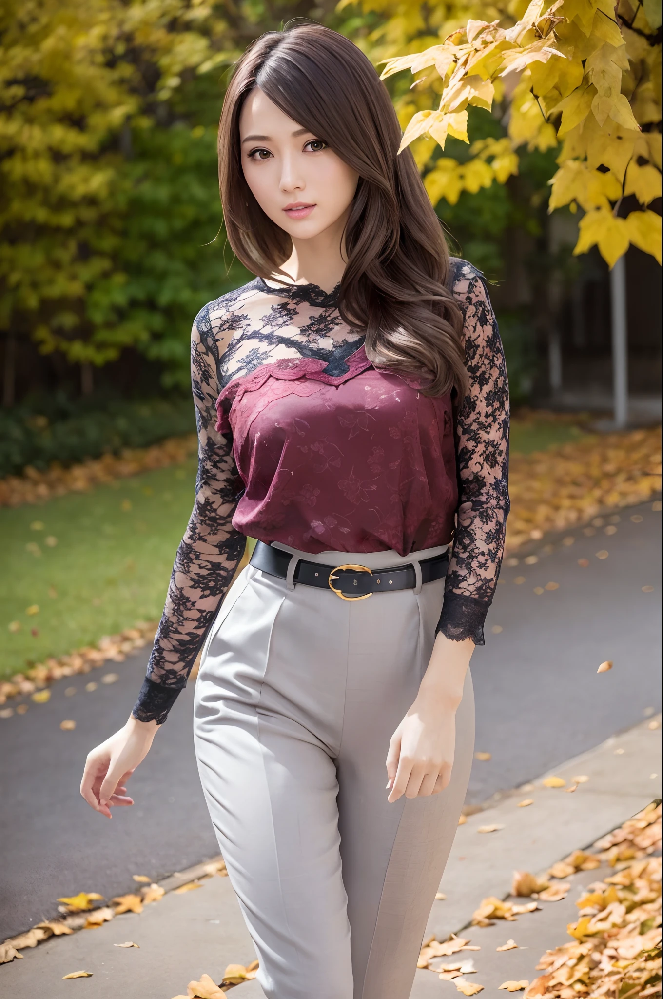 autumnal，Landscape of autumn leaves、Falling leaves，lacepantyhose，((Lace tops、Tailored pants、a belt))、depth of fields，Real Light，Ray traching，OC Renderer，UE5 Renderer，Hyper-realistic，best qualtiy，8K，Works of masters，super-fine，Correct anatomy、(Best Quality, 4K, masutepiece: 1.3), Beautuful Women、Hyper-realistic, 1girl in,hyperdetailed face,Detailed eyes,二重まぶた, (Beautiful detailed lips),Sexy face,Women of Alafe,25-years old、