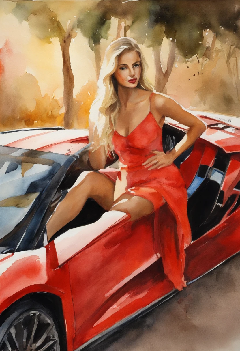 (obra-prima, mejor calidad),1chica joven sensual rubia con cabello claro sentada en un carro lamborghini rojo, la mano debajo de la barbilla, warm lighting, vestido corto, primer plano borroso