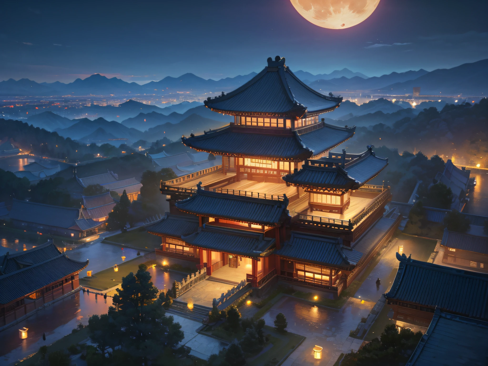 (Best quality,8K:1.2),Ultra-detailed,(Realistic:1.37),(Moon:1.2),A palace of the Tang Dynasty in China,Palace complex,Mountains at night,lamplight,Heartbreaking beauty,magnificent scale,superior,stunning masterpiece,Detailed description,High definition,bird's eyes view,Overlooking,8K resolution.