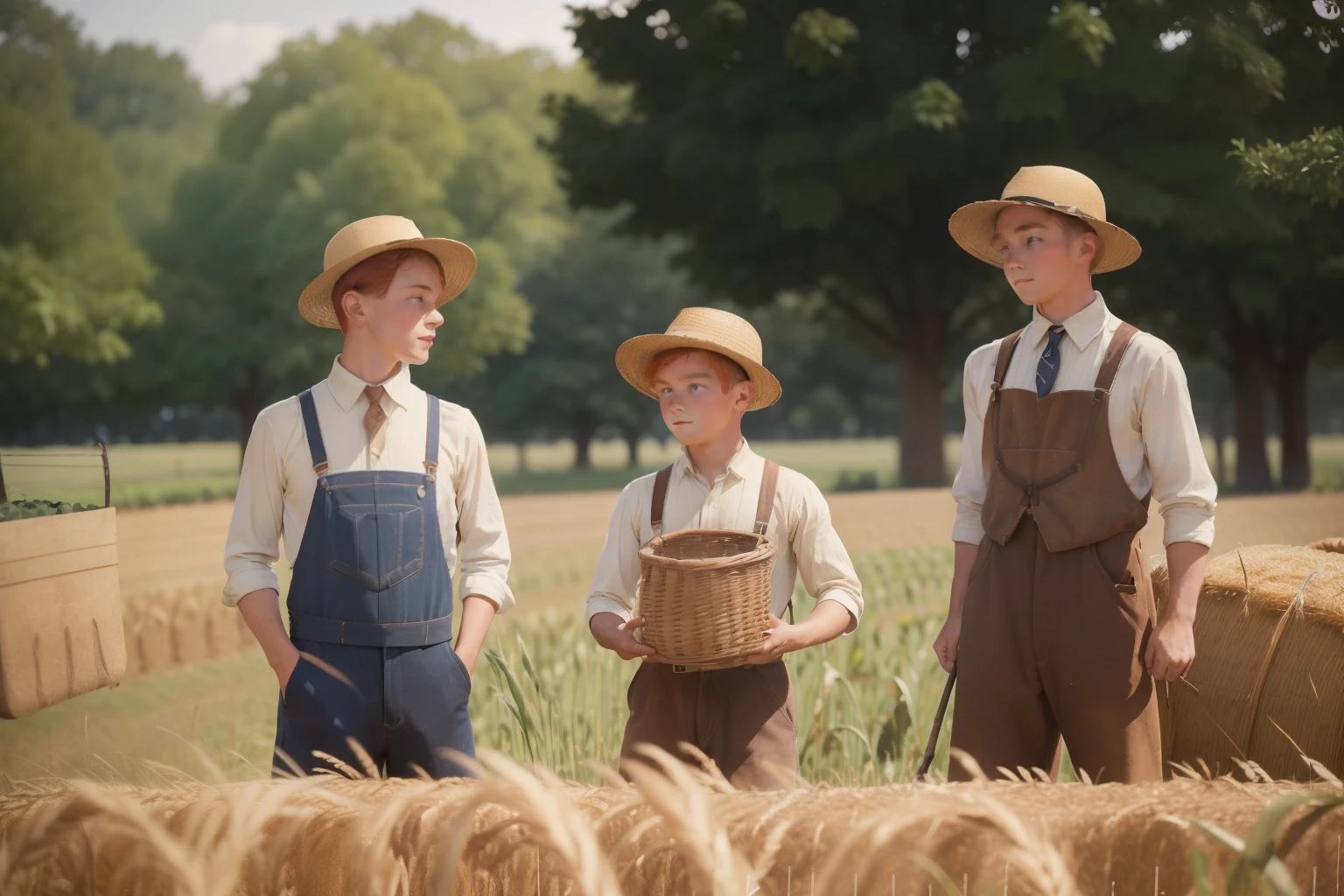 Year: 1932. Location: Lincoln, Minnesota. pre-raphaelite scene with ((3 boys)): two 16-year-old boys (one of them redhead and the other (native american)) and one 12-year-old blonde boy working hard in a garden, farming, hayfield, ((((1930s farmer clothes)))) ((1930s hairstyle)) ((in the style of "OMITB")) ((cinematic style))