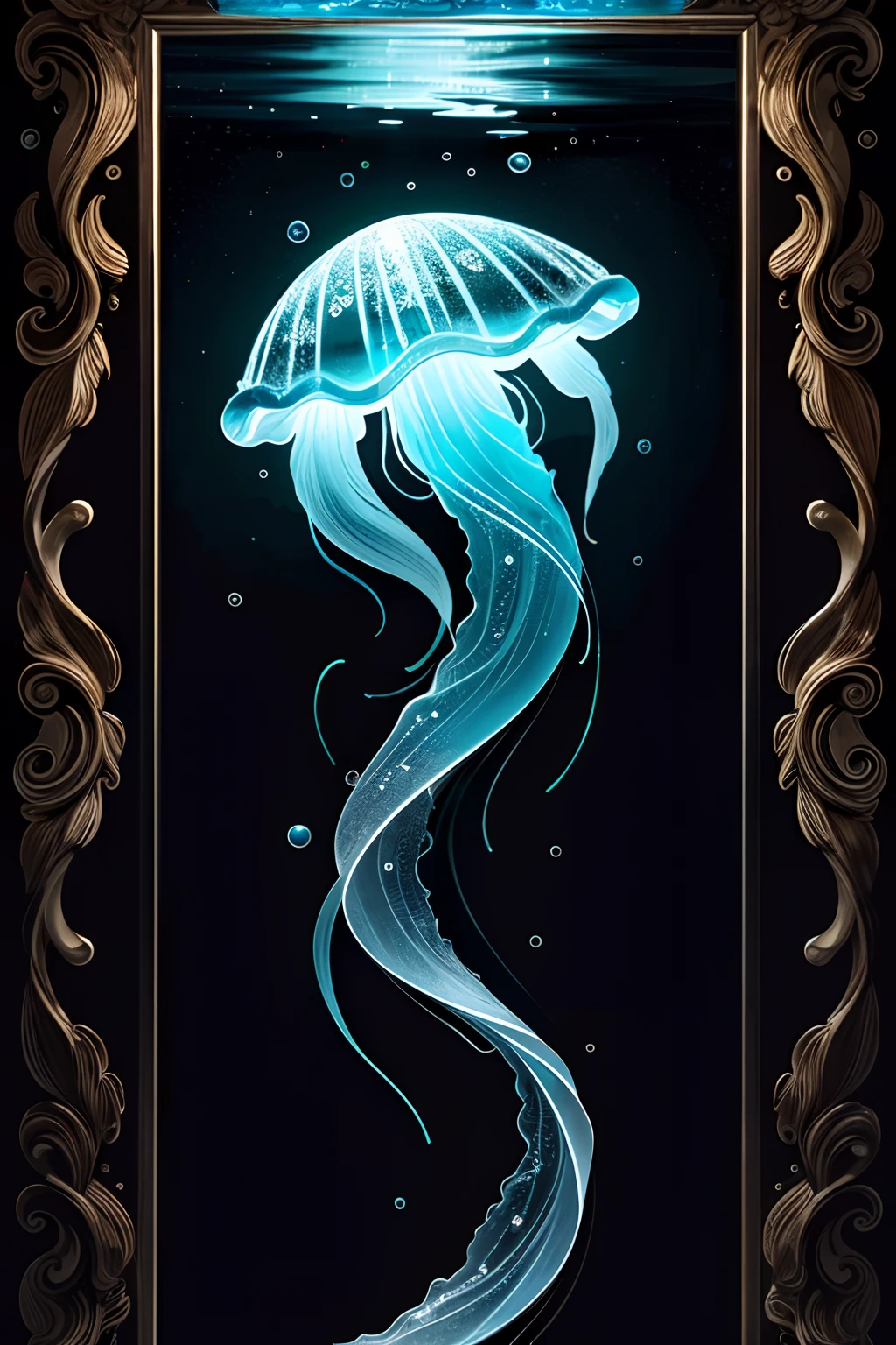 fused jellyfish and frozen and glass and black lighting, intricate under water world, intricate detailed texture, extremely delicate detailed, envision a vibrant and detailed rendering, crisp clarity that is unmatched, impeccable quality, highest quality, highly quality, best quality, every detail captured vivid glow, ice beauty resolution, showcasing the artist's mastery of various techniques and styles. hyperreal,