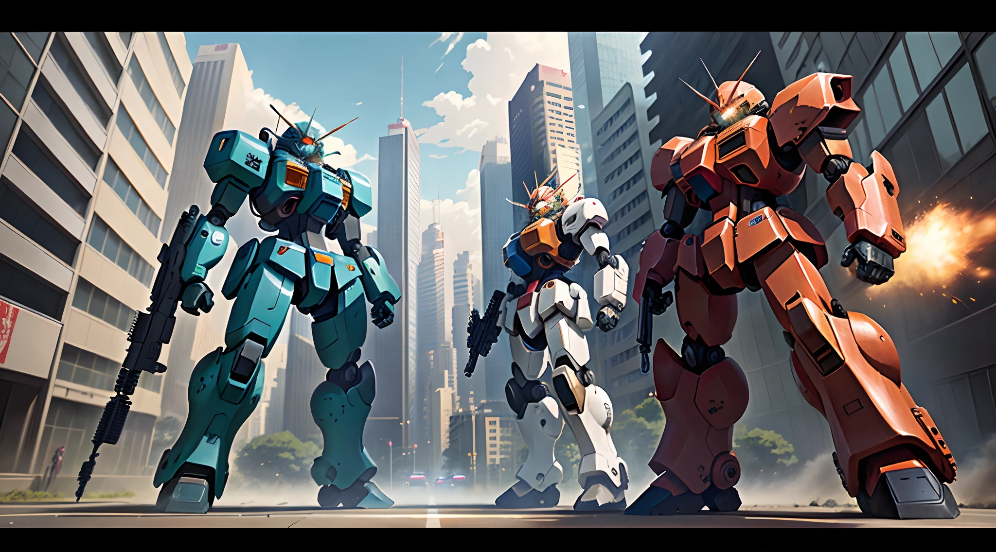 Artwork in anime style,Two robots holding guns in the city, Mobile Suit, modern mecha anime, Best anime 4k konachan wallpaper, gouf mobile suit, soldiers and mech fight, cool mecha style, Badass anime 8 K, mech machines firing bullets, war mechs fighting, anime mecha aesthetic, year 3 0 0 0, year 3000 --auto