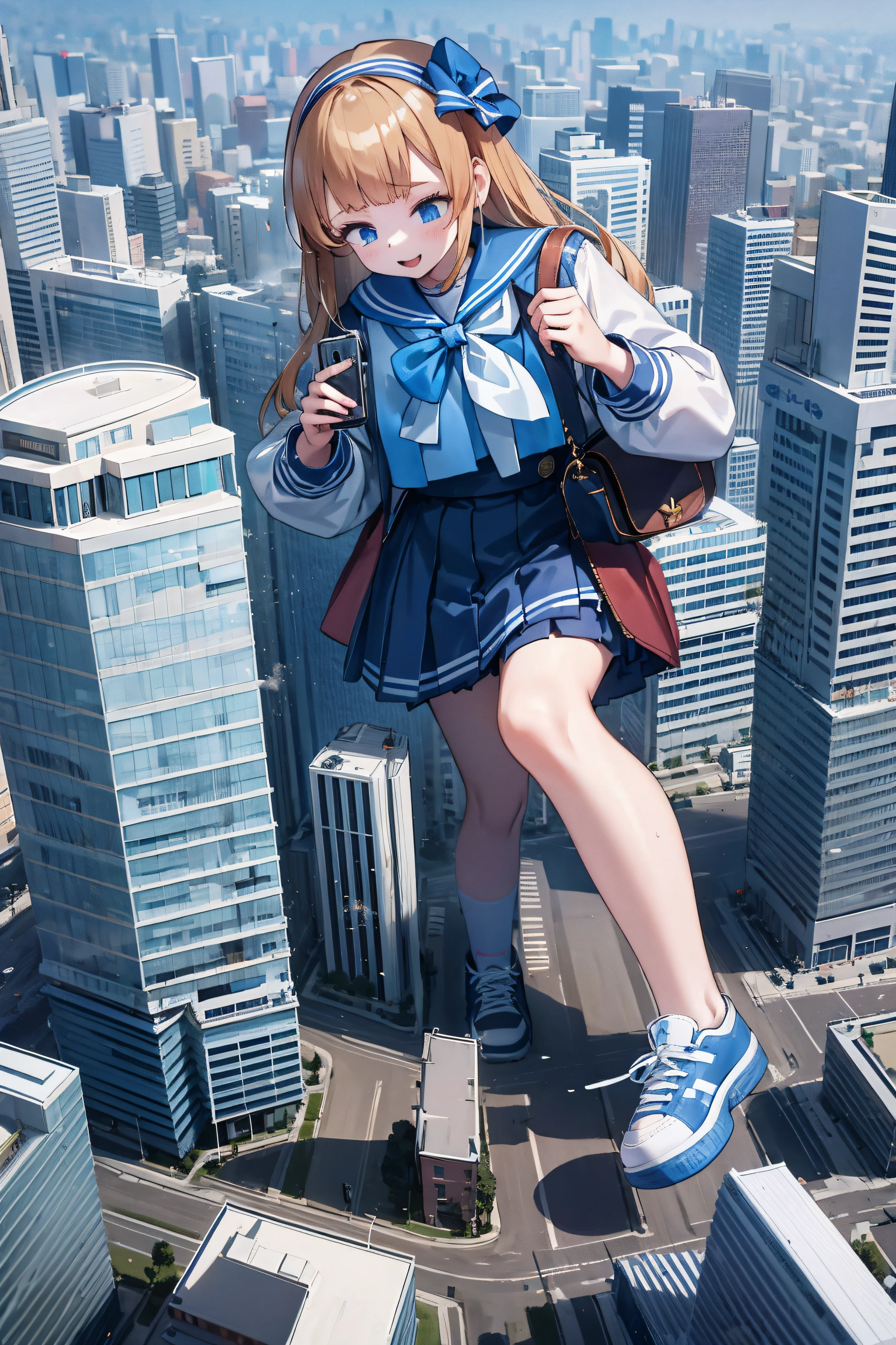 Huge maiden in sneakers，A girl taller than a building，a sailor suit，short  skirt,Crouch girl，Train miniature toy in hand