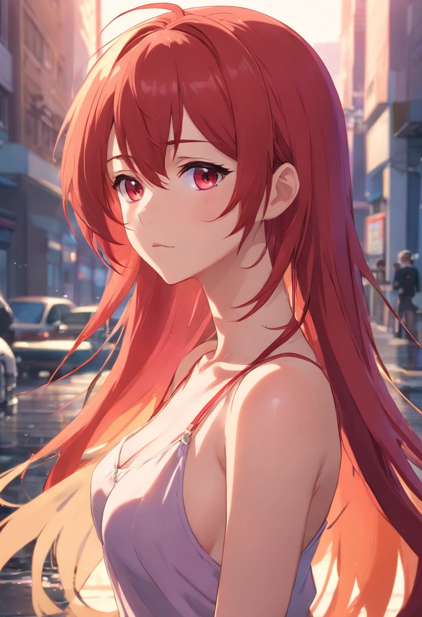 anime girl with long red hair, seductive, ecchi, hentai, smooth, beautiful alluring anime teen, nsfw, (nsfw:1.5), innocent, lustful, kawaii, close up of a young anime girl, wet, sweat, in heat, masterpiece, see through clothes, profesional artwork, artbook material, eroge