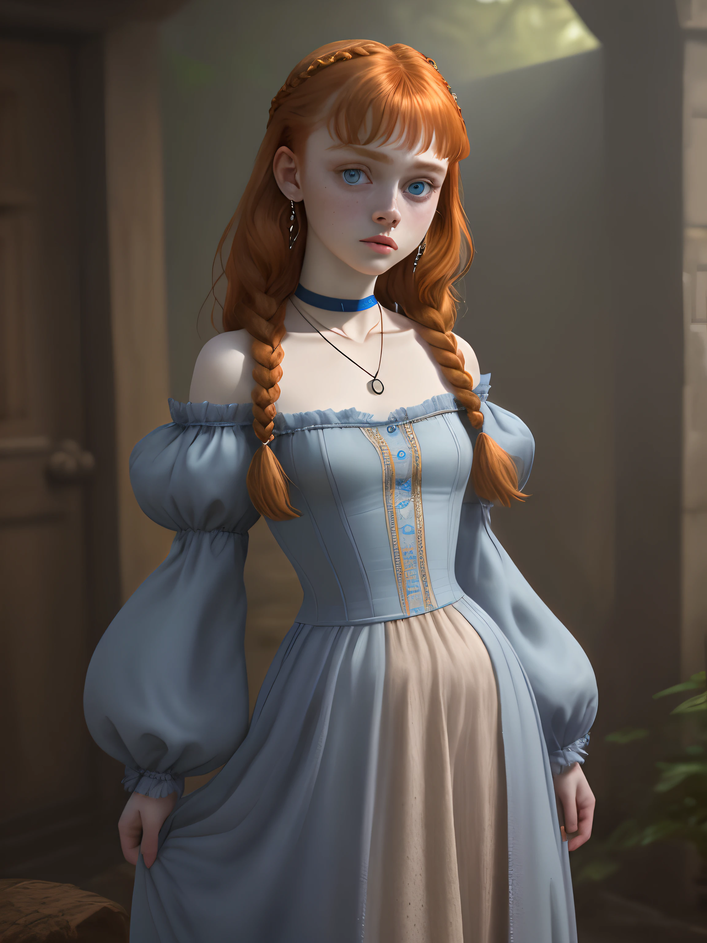 Sadie Sink, In the Lavate Movie, by Valerian Volochik, Erotic, 1girl in, Blue_Eyes, Blurry, Blurry_Background, braid, Choker, Depth_in the_field, Dress, earrings, Eyelashes, freckle, hair_Over_Shoulder, Jewelry, Lips, long_hair, long_sleeves, up looking_で_viewer, Necklace, Pendants, puffies_long_sleeves, puffies_sleeves, Realistic, Single_braid, Solo, twin_Braids, The upper part of the body_Body