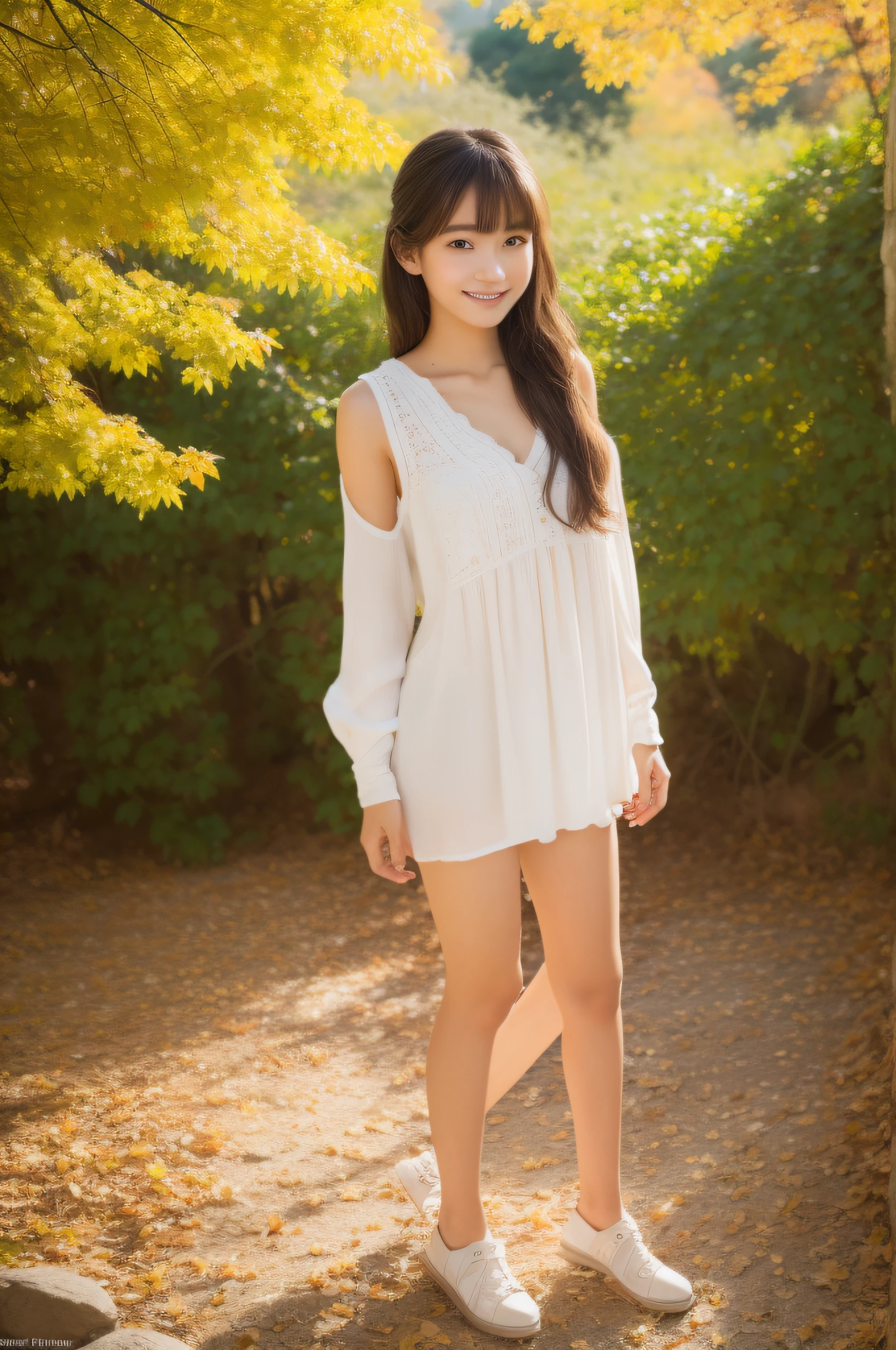 (((masterpiece))), top-quality, Extremely detailed, Detailed background, 1 girl, Very beautiful girl, Japanese, 16 yo, solo, Detailed face, Bangs, Smile, (Full body:1.8), (Random hairstyles :1.2), (Young Face), (Perfect body:1.1), Blouse, Summer, in 8K, Wallpaper, amazing, finely detail, Ultra-detailed, 超A high resolution, Extremely detailed, Pure erotic face, extremely detailed eye and face, Beautiful detailed eyes, highly detailedskin, No makeup, (Natural Skin),Vibrant autumn foliage in the mountains