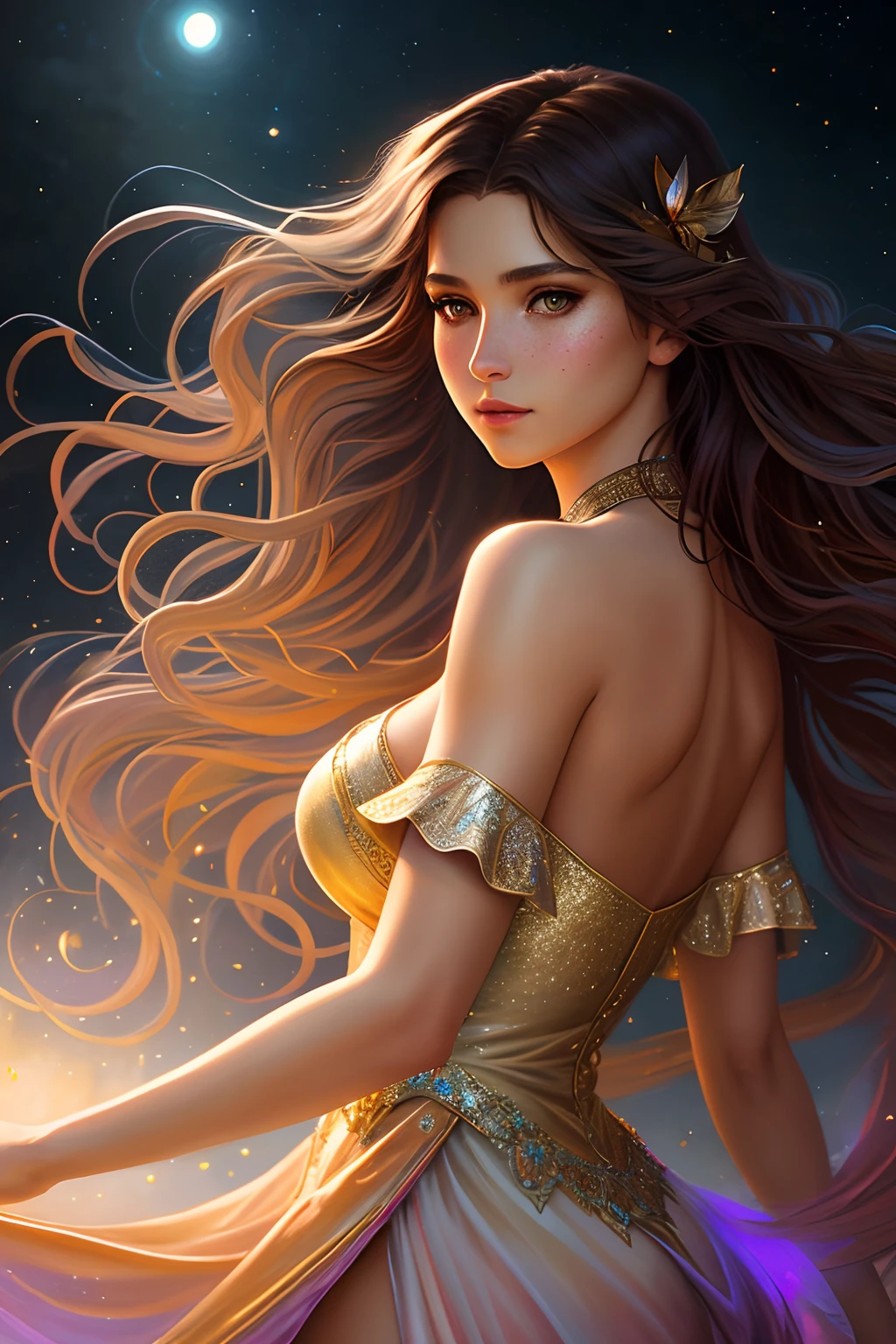 (((realistic painting))), (full body: 1.5), (amazing glamour)) skiny tall fairy fairies at the renaissance festival, ((perfectly feminine face)), (+colorful wavy long hair), (+ Glittering freckles), (glitter), iridescent, flowing dress, intricate, 8k, highly detailed, volumetric lighting, digital painting, strong, sharp focus, (art by artgerm and rutkowski and alphonse mucha), (cloth simulation), (wind), cgsociety, skiny anatomy, great lighting, subsurface scattering, award winning, masterpiece, (perfect skin texture), ((realistic)), (style-sylvamagic:0.5), (nighttime), ( dark), (backlit) , (Style-NebMagic style night sky),