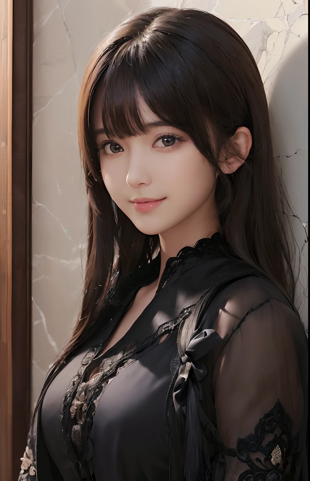 (A hyper-realistic)、(illustratio)、(hight resolution)、(8K)、(ighly detailed)、(Best Illustration)、(beautifully detailed eyes)、(top-quality)、(ultra-detailliert)、(masterpiece)、(wall-paper)、(A detailed face)、独奏、1 girl in、looking at viewert、fine detailed、A detailed face、in the darkness nigth、deep-shadows、lowkey、pureerosfaceace_v1、Tsundere smile、Long、Black shawl straight hair、46-point diagonal bangs、fully body photo