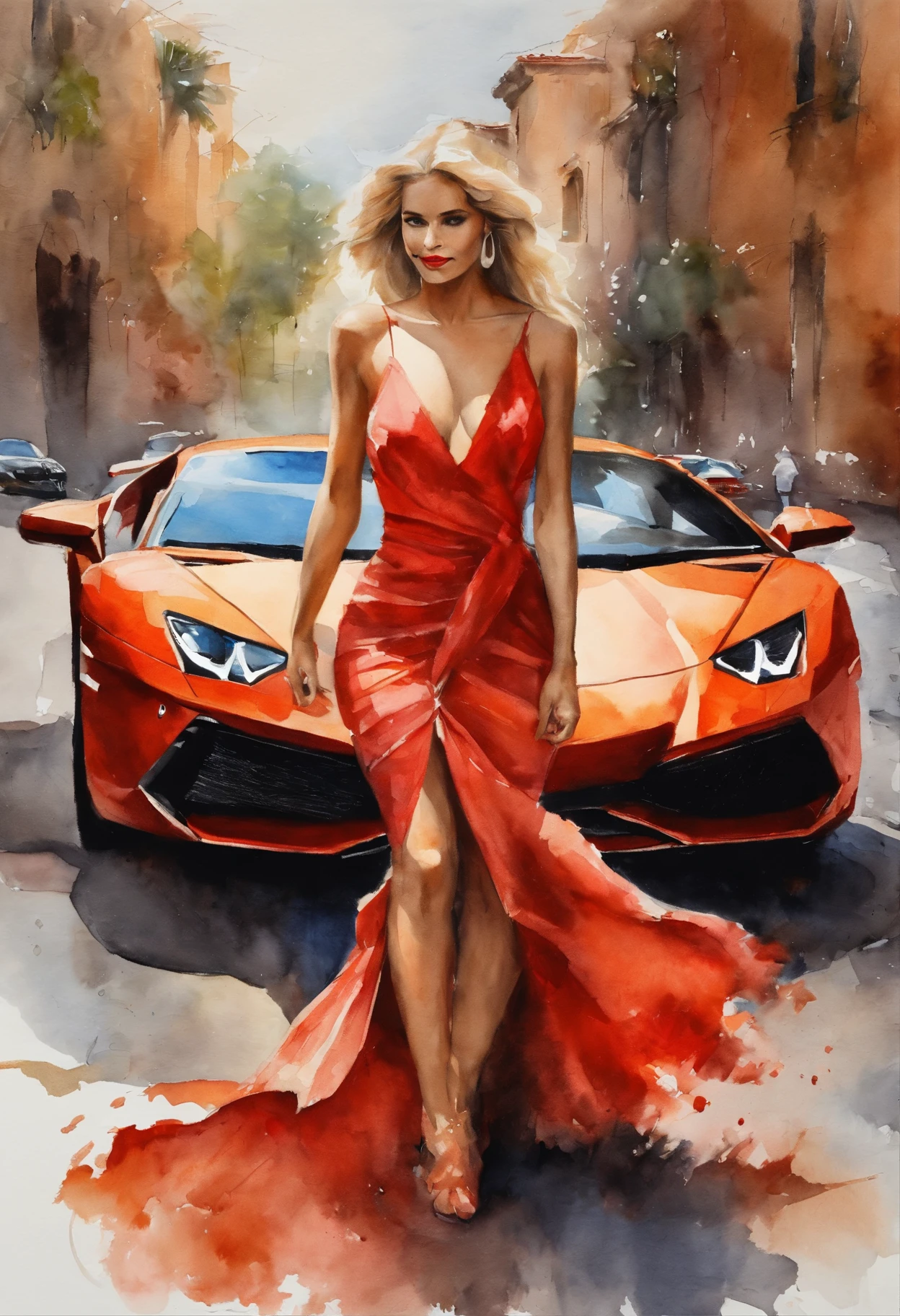 (obra-prima, mejor calidad),1chica joven sensual rubia con cabello claro sentada en un carro lamborghini rojo, la mano debajo de la barbilla, warm lighting, vestido corto, primer plano borroso