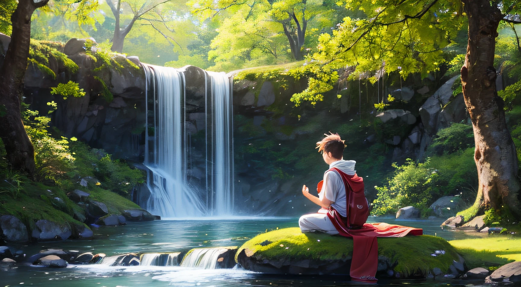 masterpiece, best quality, a boy meditating in forest, peaceful, greenery, Sakura tree, waterfall, high quality, 4k