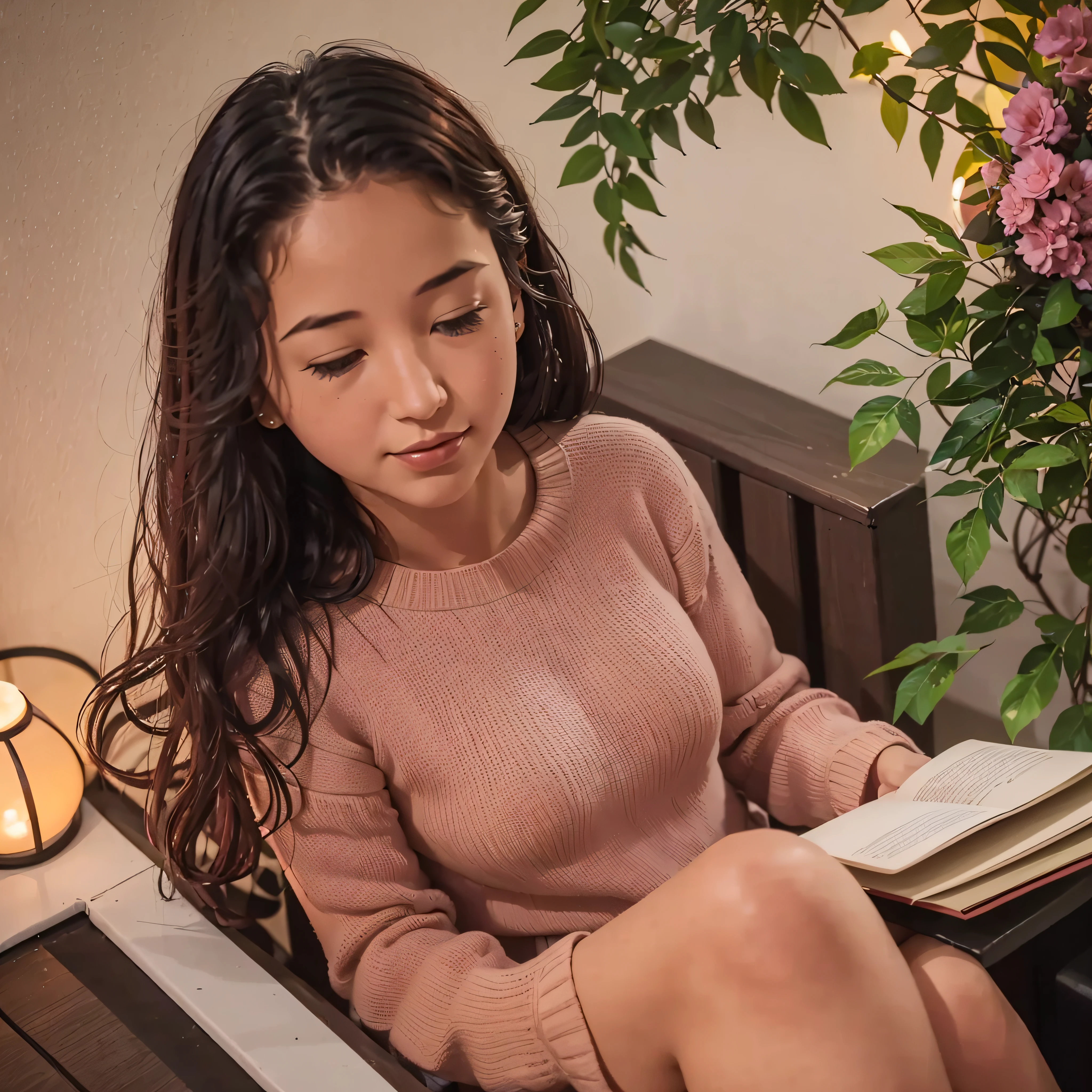 On a serene balcony, amber fairy lights intertwine with the deep blues of the evening sky. Potted plants with green and burgundy leaves create a cozy corner. A woman, wearing a soft pink sweater, enjoys a book, the world around her a blend of nature and nurture.