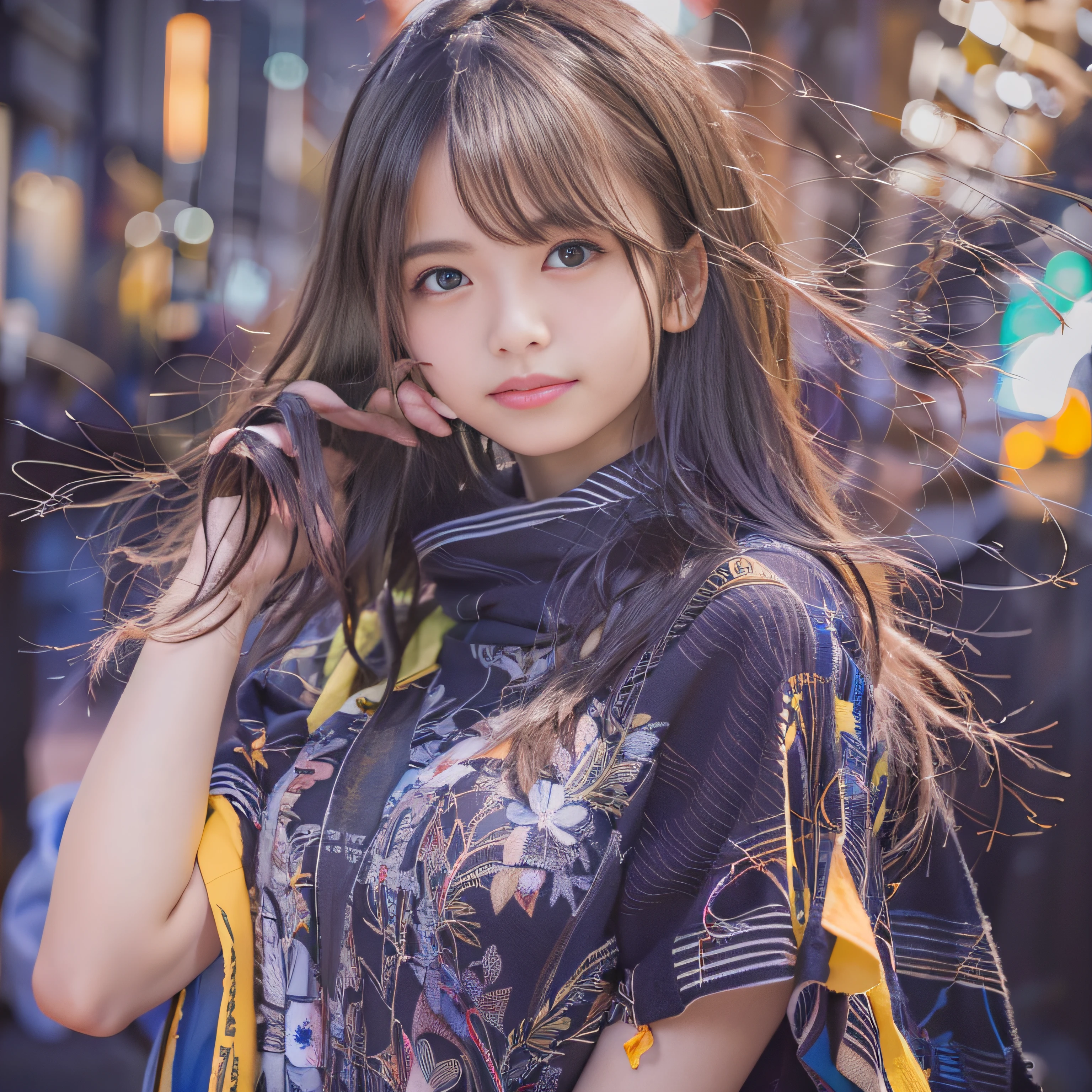 女の子1人、on tokyo street、A city scape、night cityscape、Neon Street、The upper part of the body、a closeup、A smile、、(8K、Raw photography、top-quality、masterpiece:1.2)、(realisitic、photoRealstic:1.37)、Highly detailed eyelash drawing、(((Top image quality))),Colossal tits、Fine skin, (Beautiful hair), (Perfect Anatomy), (Realistic), (Dynamic Angle), Pose Seductive,Perfect,Sensual look、top-quality、hight resolution、